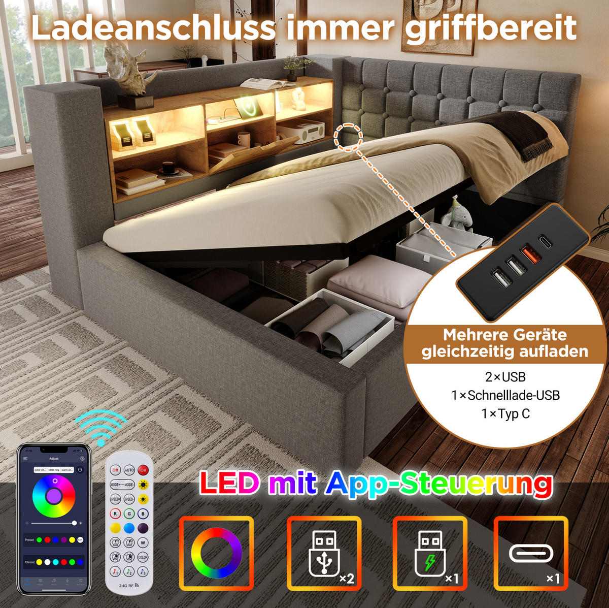 ČALOUNĚNÁ postel 140/190 cm šedá z lněné tkaniny s LED osvětlením a úložným prostorem - šedá, textil (140/190cm) - OKWISH