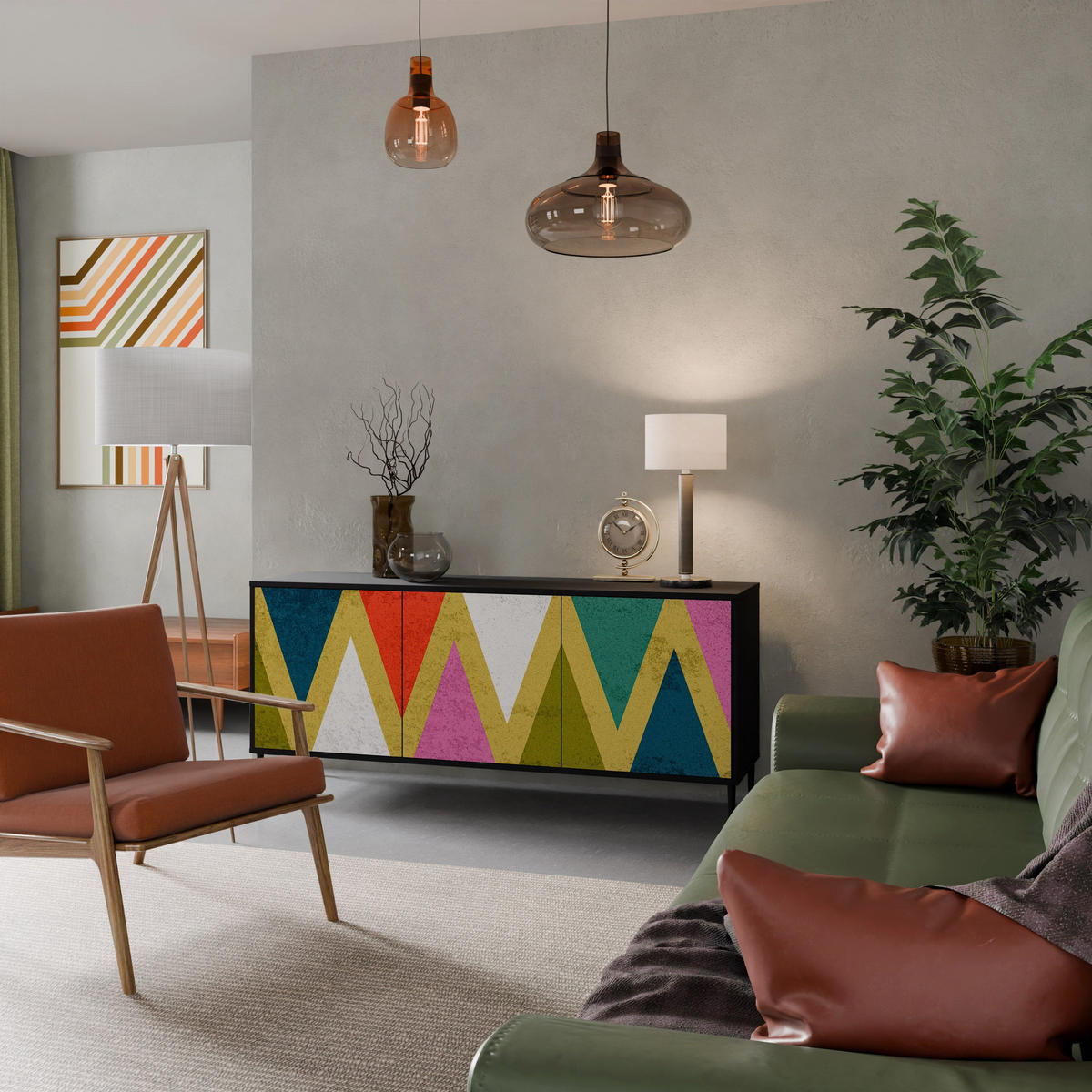 SIDEBOARD COLORFUL TRIANGLES, Eicheneffekt, 164,5x42x77,5 cm, 3 Türen - Eichefarben/Buchefarben, Holzwerkstoff/Buchenholz (164.5/77.5/42cm) - SpaceRebels