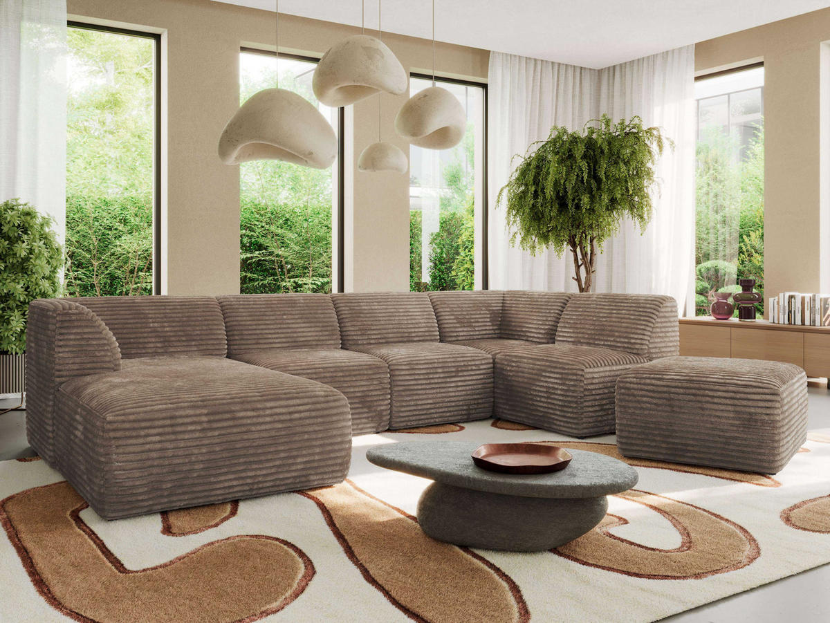 WOHNLANDSCHAFT MODARO U 6M - Braun Cord - Links - Schwarz/Braun, Textil (180/78/345cm) - MKS