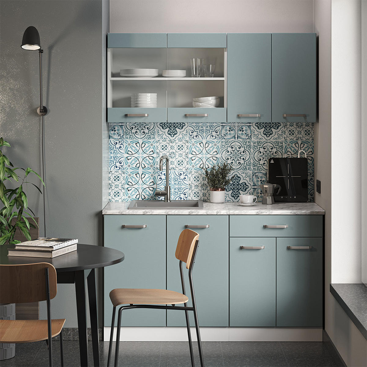 SINGLEKÜCHE R-Line Blau-Grau/Weiß 140 cm, AP Anthrazit - Blaugrau/Weiß, Holzwerkstoff (140/81.6/60cm) - Vicco