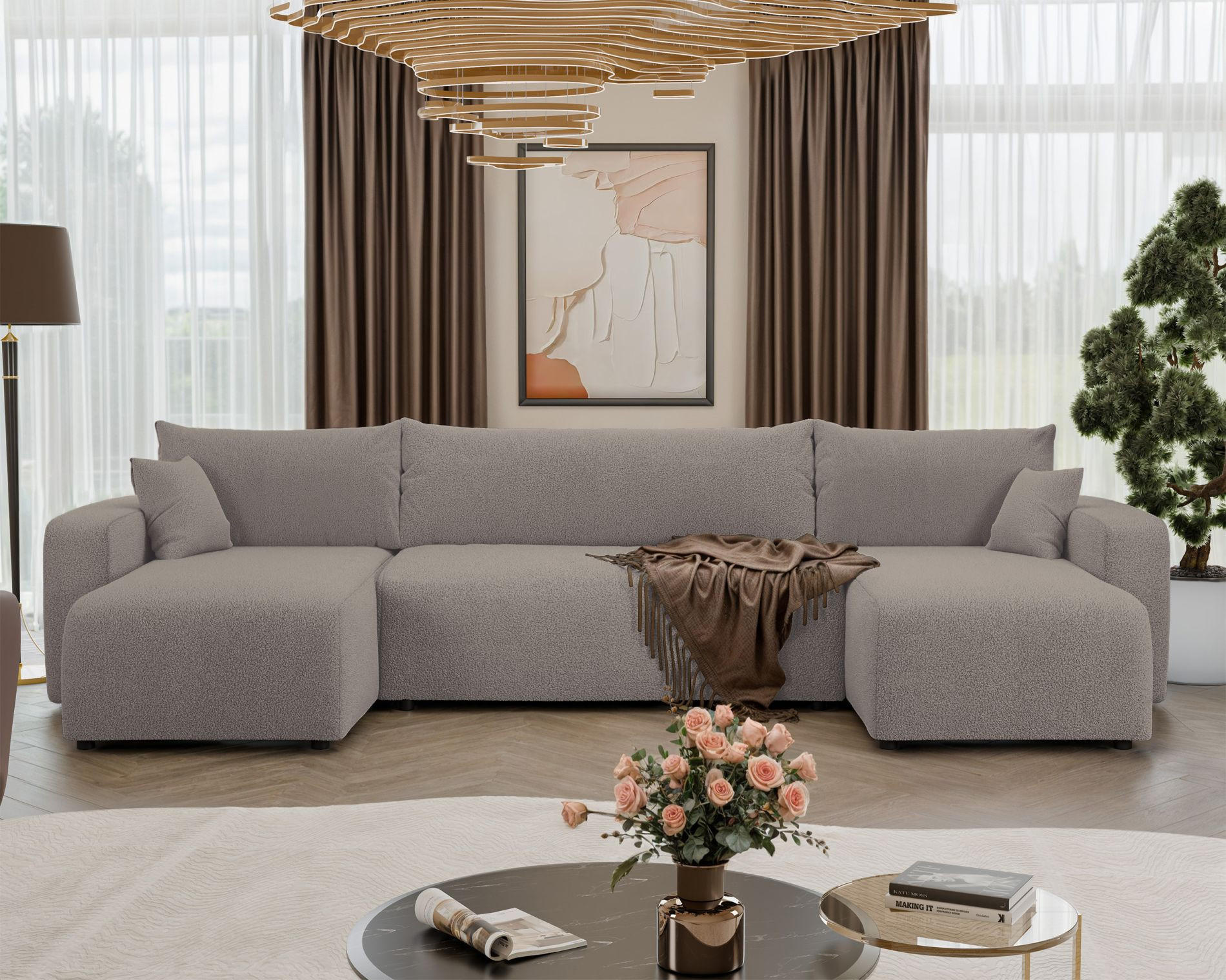 WOHNLANDSCHAFT Pianoni Hellbraun Bouclé-Bezug - Hellbraun/Schwarz, Kunststoff/Textil (312/83/140cm) - Selsey