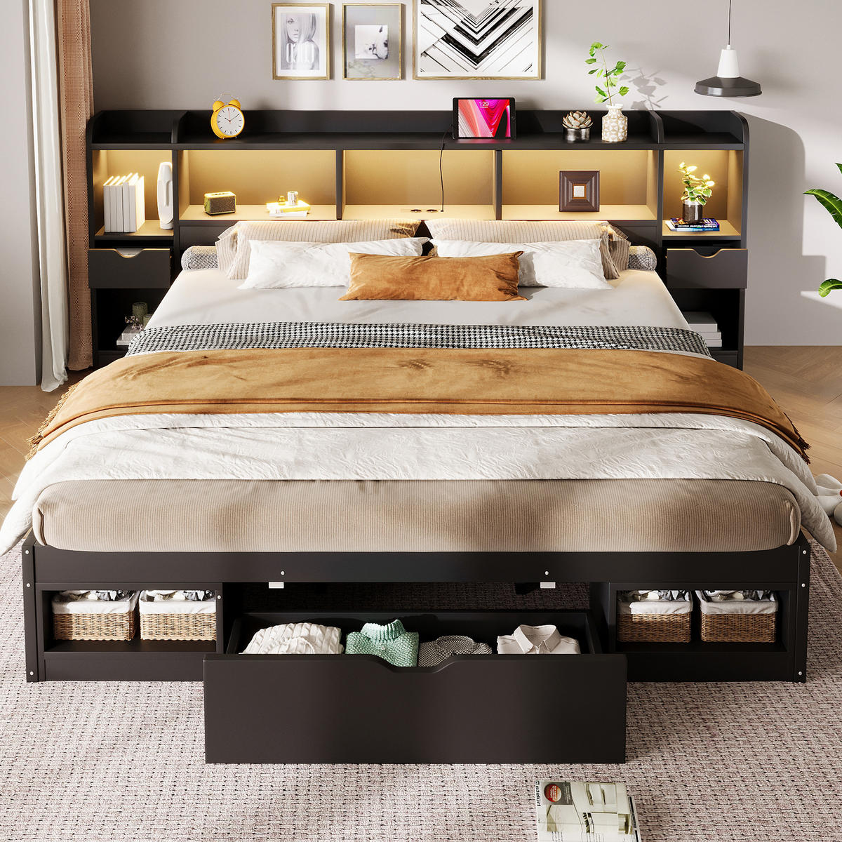 STAURAUMBETT 180 x 200 cm, Kopf- und Fußteil mit Stauraum, Schwarz - Schwarz, Holz (180/200cm) - KOMHTOM