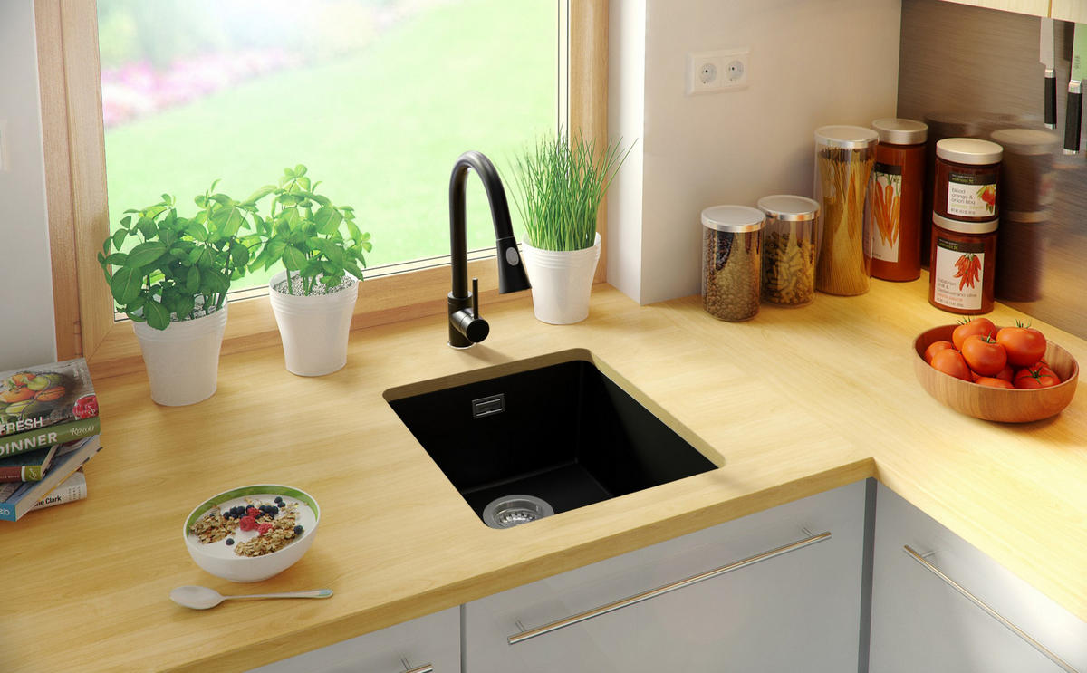 UNTERBAUSPÜLE GRANIT London, 2-er set Alles Schwarz 41/47 cm 1 Becken + Küchenarmatur 40/38 cm + Ablauf-Set ab 45er Unterschrank - Schwarz, Kunststoff (41/20/47cm) - Primagran