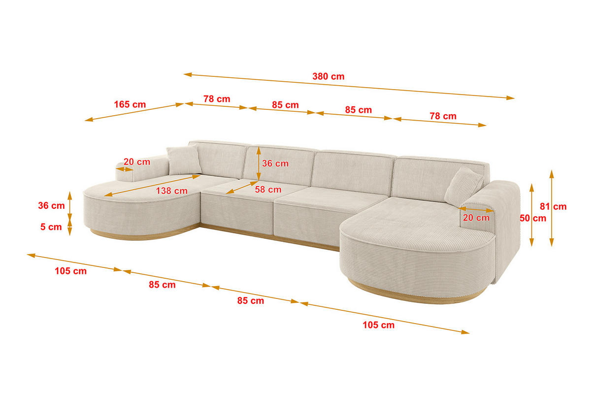 WOHNLANDSCHAFT MARI-U2-v2 - 388x171x83 cm Beige Cord - Beige, Holzwerkstoff/Textil (388/83/171cm) - ALTDECOR