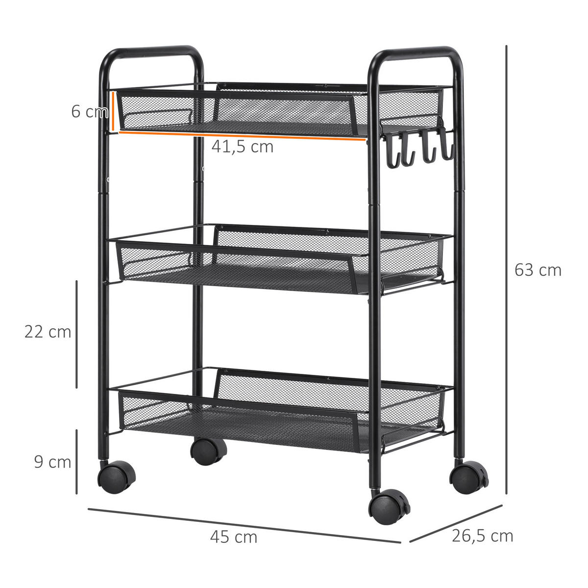 SERVIERWAGEN DE-12411 3 abnehmbare Körbe mit 4 Haken 45/26,5/63 cm Schwarz - Schwarz, Metall (26.5/63/45cm) - ComfortXL