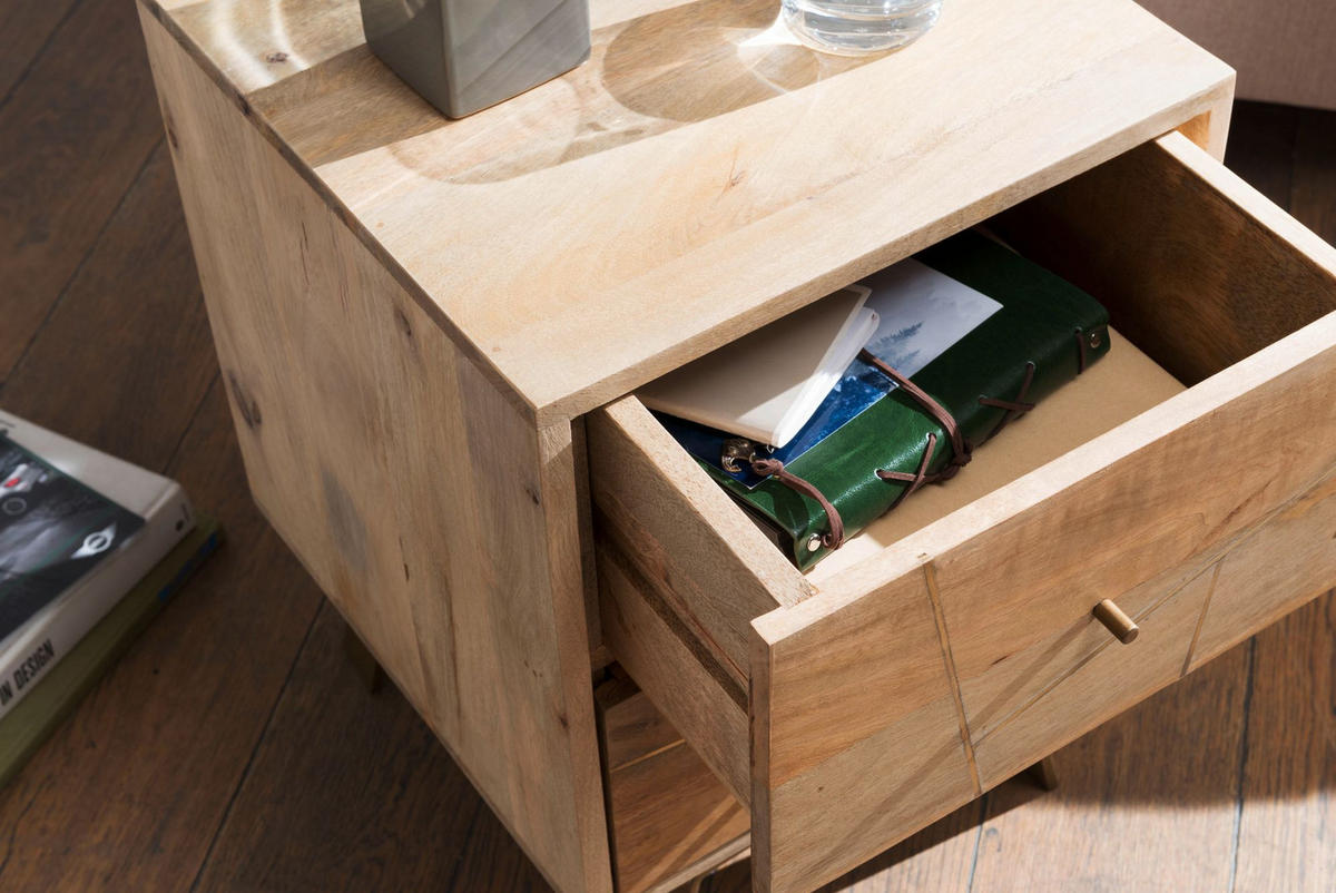 NACHTTISCH – Mango Massivholz, Metallstreifen, rustikal, Farbverlauf - Goldfarben/Braun, Holz/Metall (40/56/40cm) - KADIMA DESIGN