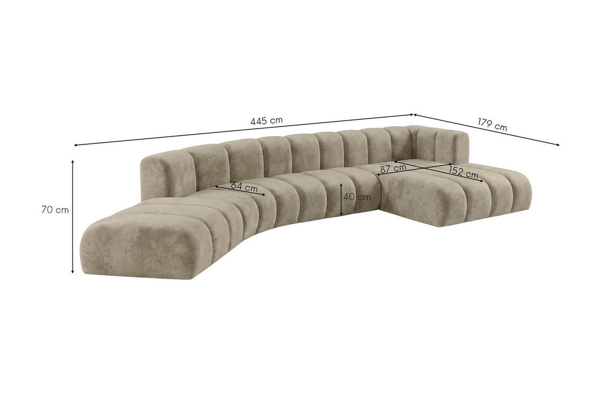 ECKSOFA Modulares In L-Form, Velvet-Stoff Riviera, Beige, Rechts, GRAND Round - Beige, Holz (445/179cm) - Kaiser Möbel