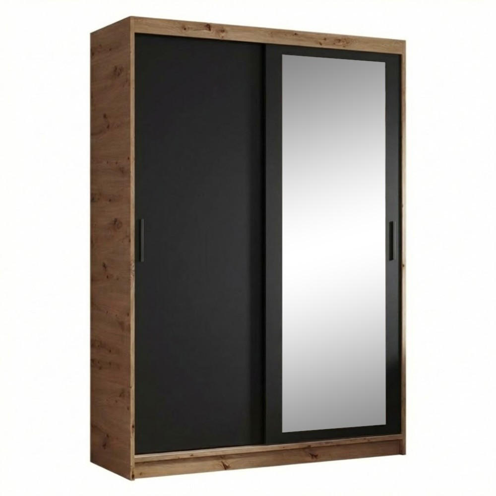 SCHWEBETÜRENSCHRANK Hela 120/205/60 2-türig eiche Artisan/schwarz mit Spiegel - Schwarz/Eiche Artisan, Holzwerkstoff (120/205/60cm) - Beautysofa
