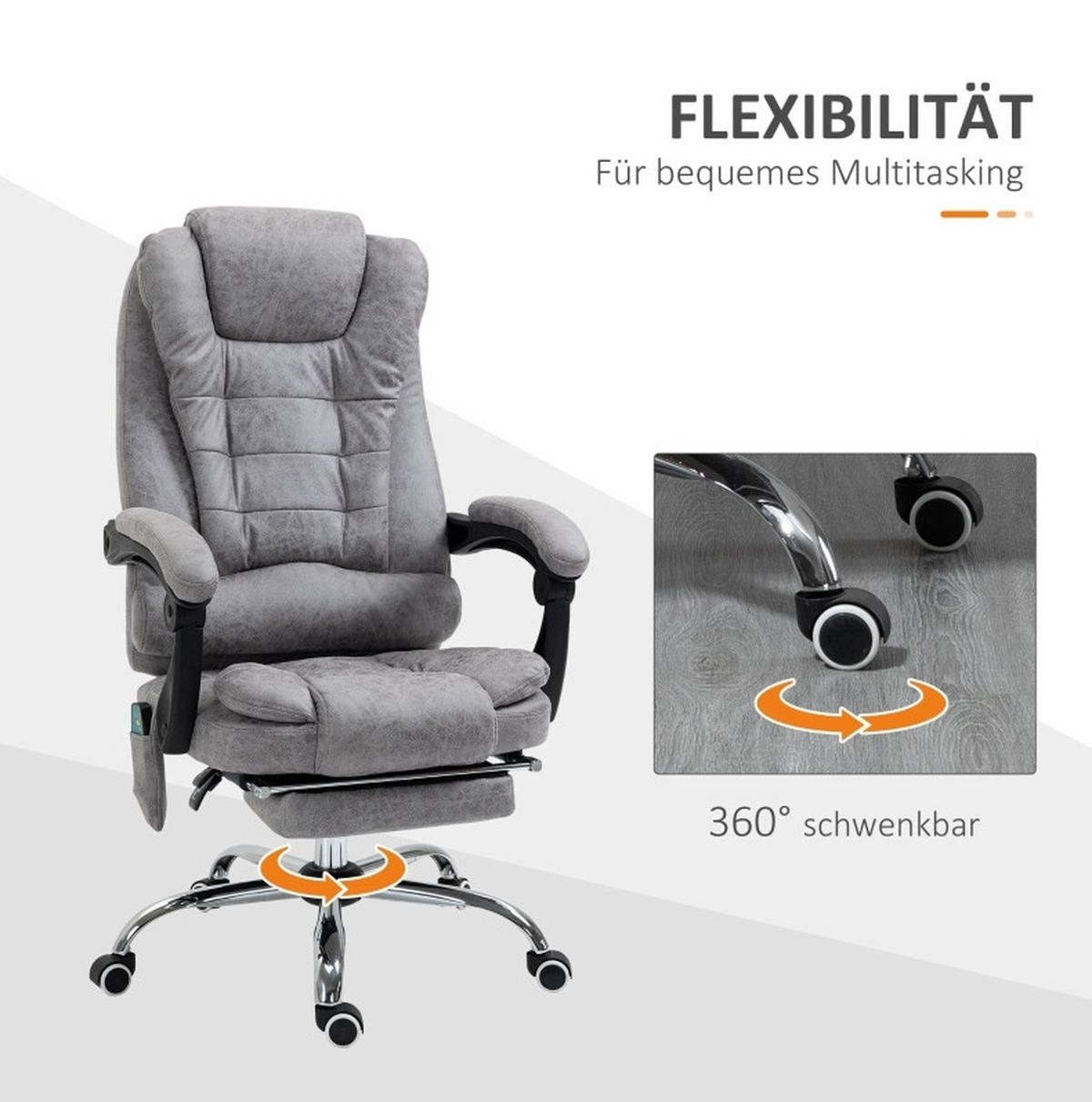 DREHSTUHL 65/70/111-119 cm grau aus Mikrofaser mit Massage - Grau, Textil (70/119/65cm) - OKWISH
