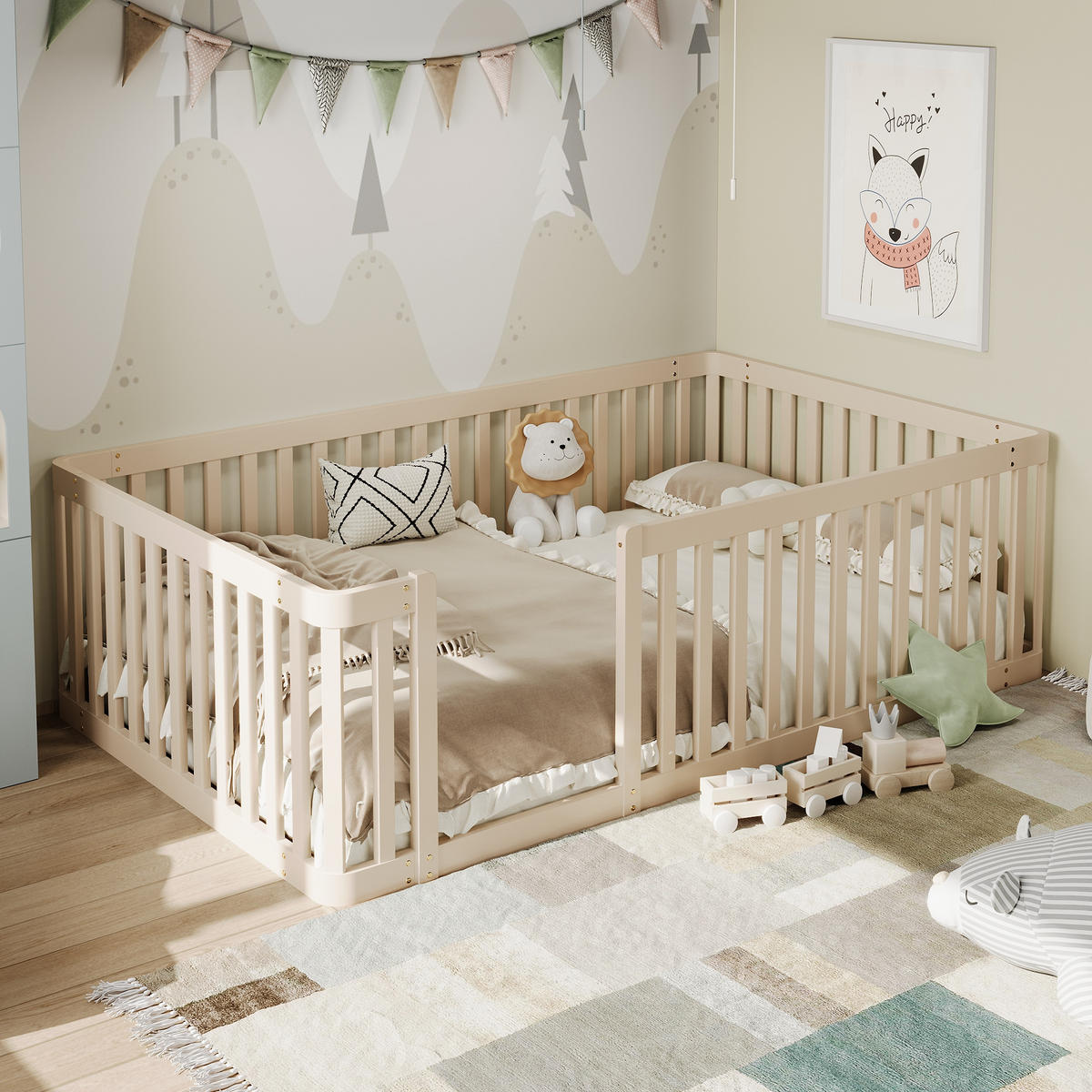 BODENBETT 90/200 cm DE-03458, mit Zaun, in Natur - Creme, Holz (90/200cm) - ComfortXL