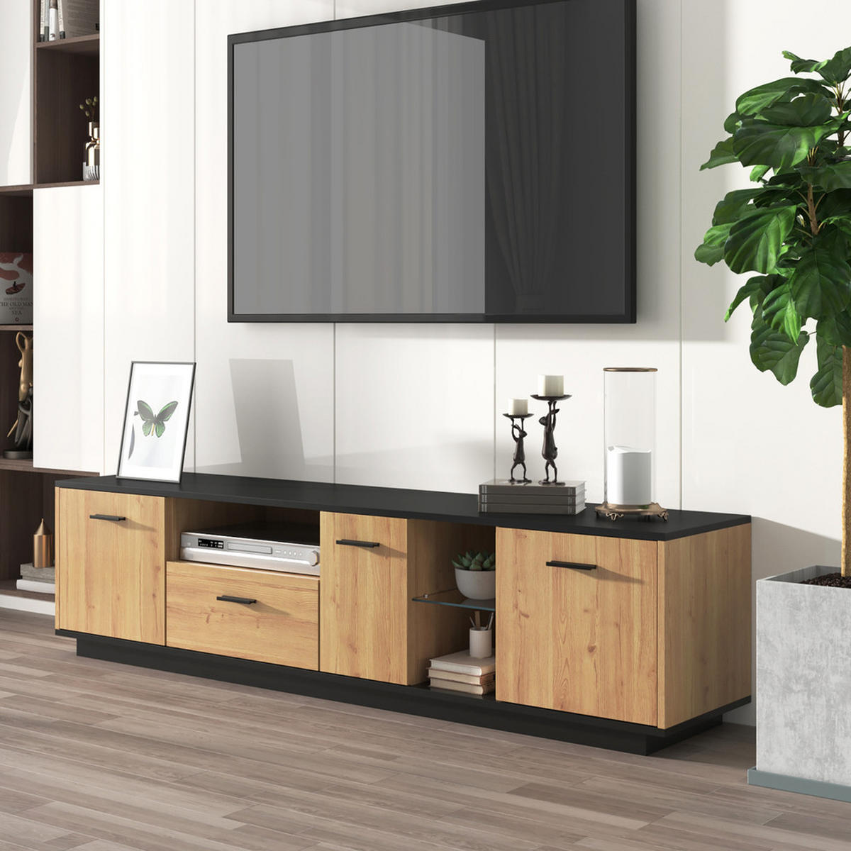 TV-SCHRANK Lowboard 1 Schublade 3 Türen LED-Beleuchtung Schwarz Natur - Schwarz, Holz (43/21/53cm) - FLIEKS