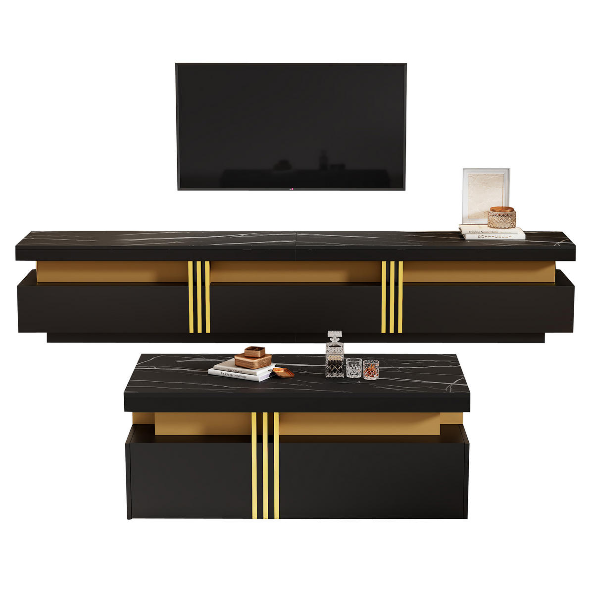 TV-ELEMENT mit Couchtisch - Schrankkombination 2er-Set in Schwarz und Gold - Schwarz, Holzwerkstoff (100/40/50cm) - OKWISH