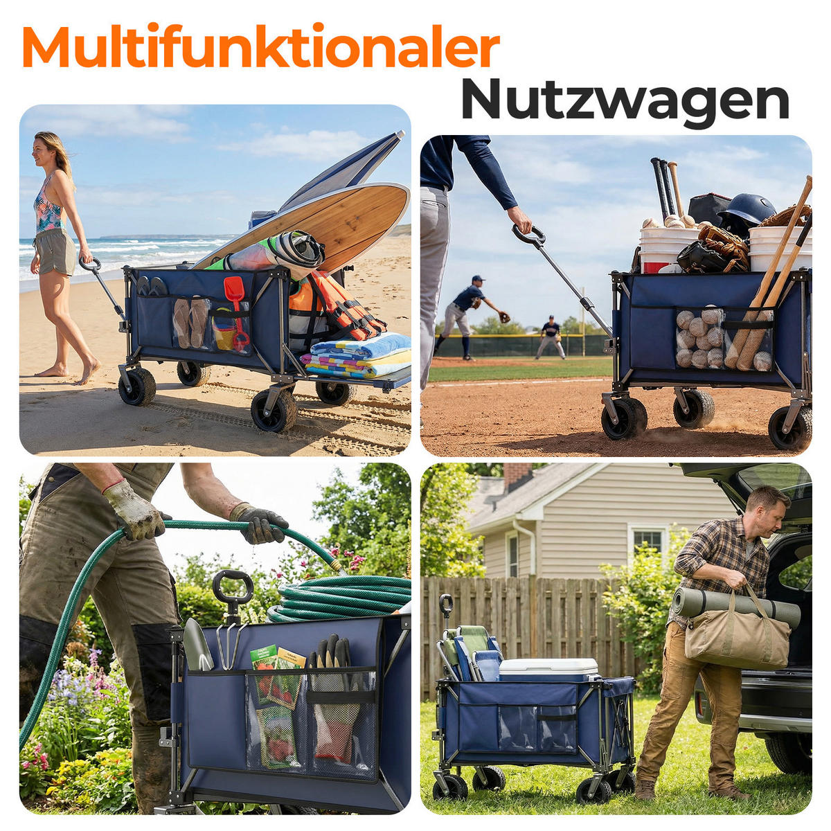 HANDWAGEN, faltbar-verbreitert, 200+100L, Geländeräder, blau - Grau, Metall (27/72/37.5cm) - Vallsero