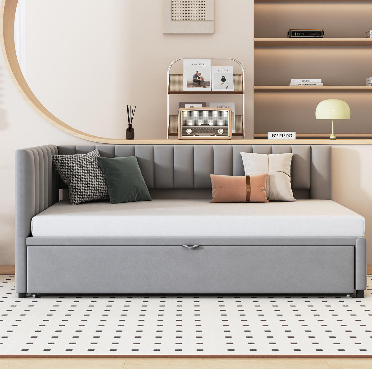 SCHLAFSOFA 90/200 cm mit Ausziehbett, L-Form und Rückenlehne aus Samt, Grau - Grau, Textil (97.5/75/208cm) - Redom