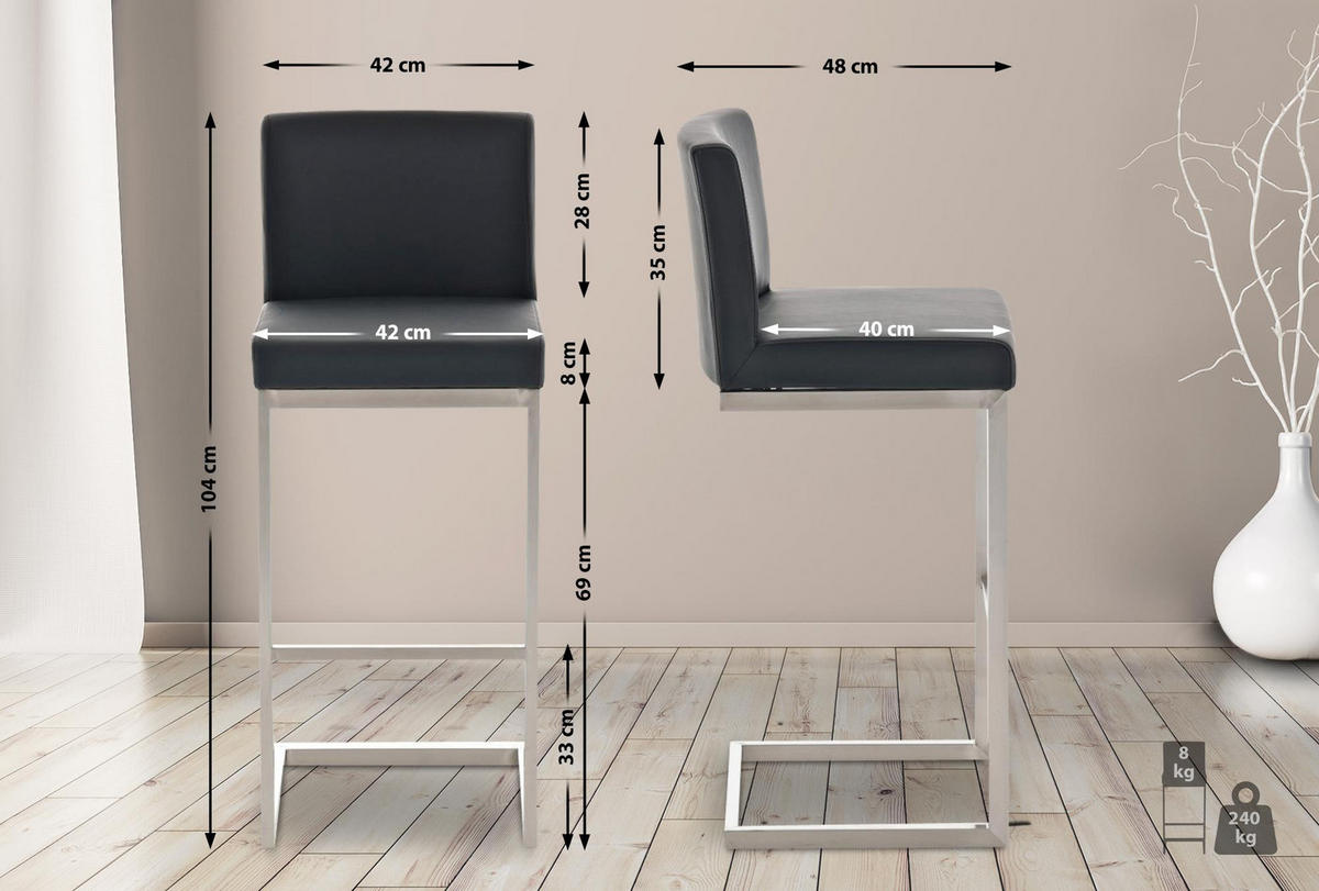 BARHOCKER 2er Set Lederlook Schwarz - Schwarz, Textil/Metall (42/104/48cm) - CLP