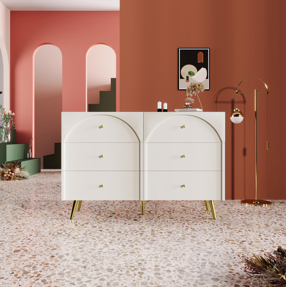 KOMMODE 120/40/85 cm aus Holzwerkstoff und Metall mit 6 Schubladen Creme-Weiß - Creme, Holz (120/40/85cm) - Modenvie