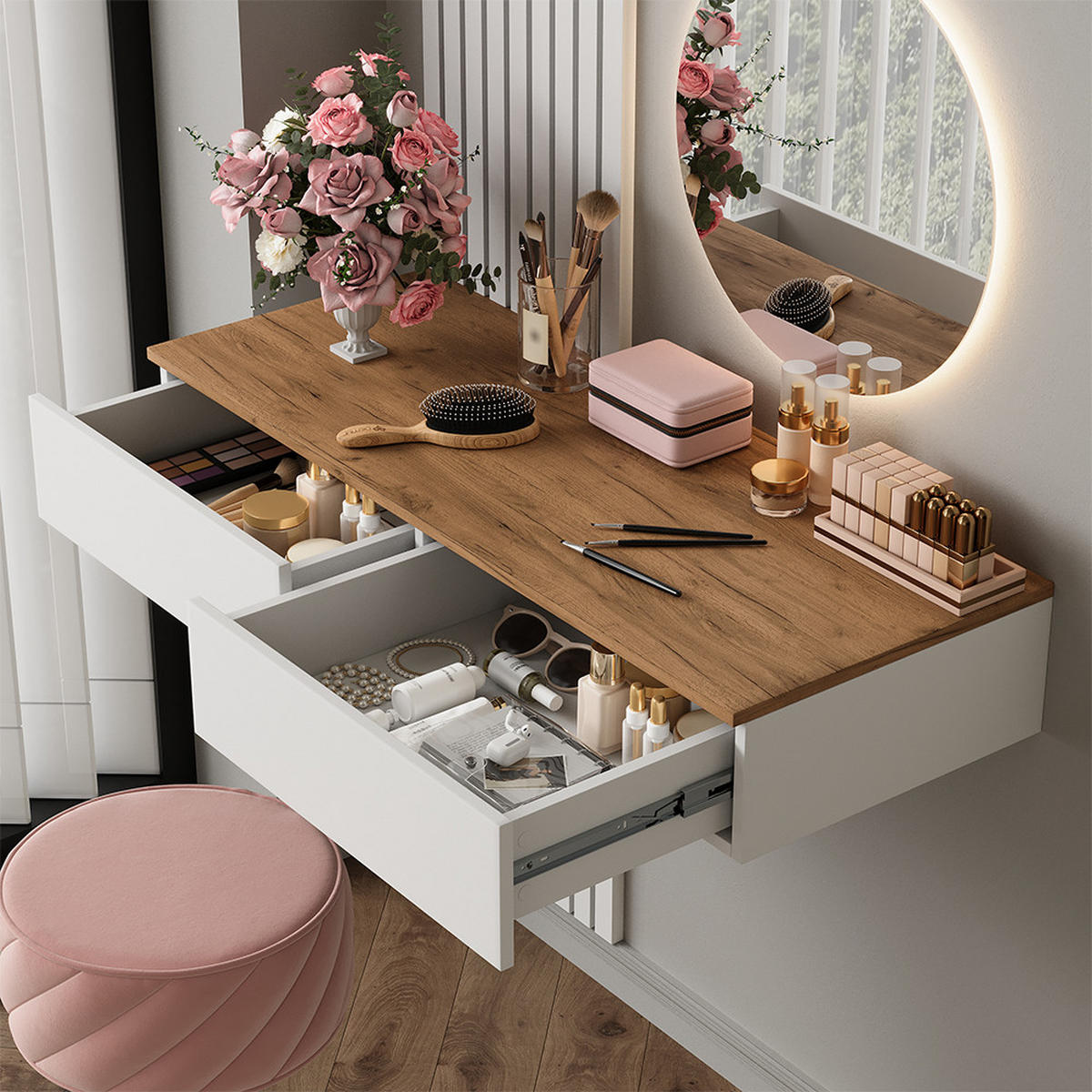 TOALETNÝ STOLÍK Melina Biela/dubová - biela, kompozitné drevo (100/205/40cm) - Vicco