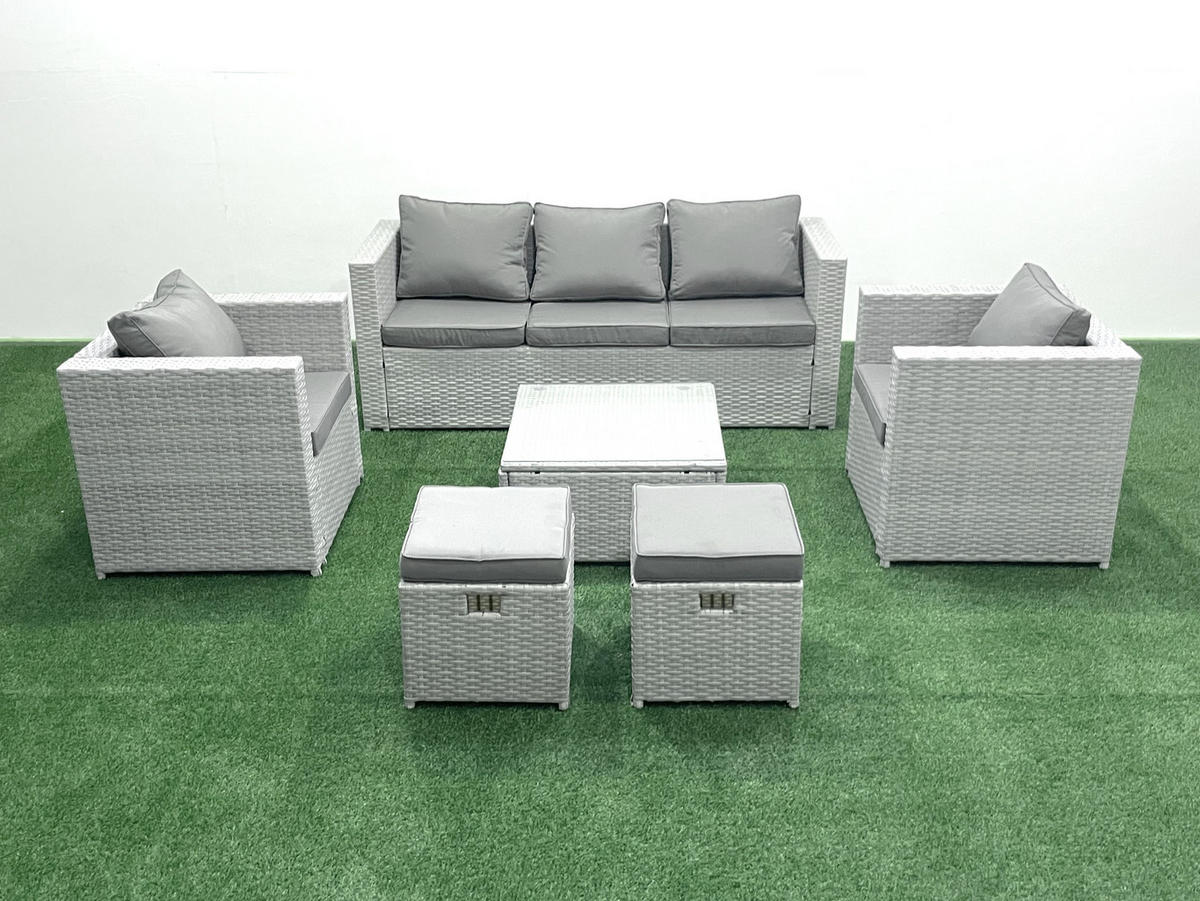 GARTENMÖBEL-SET mit Kissen Polyrattan Hellgrau-Mix 7-Sitzer - Hellgrau/Grau, Glas/Kunststoff - Fimous