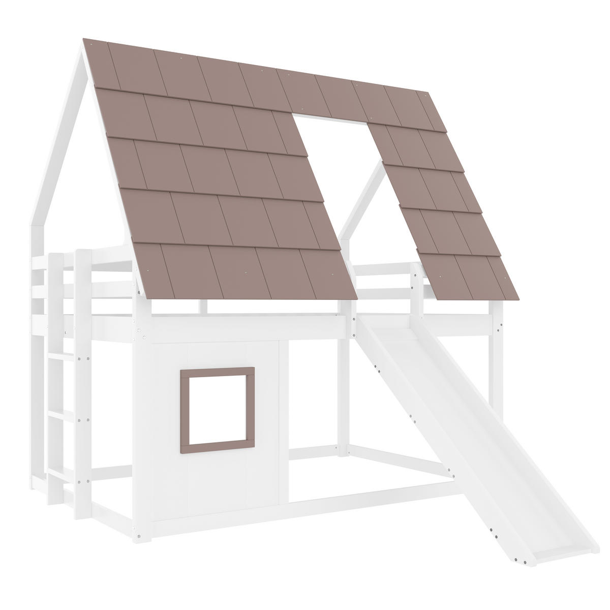 ETAGENBETT 140/200 cm weiß und braun aus Kiefer mit Rutsche und Leiter - Braun, Holzwerkstoff (140/200cm) - OKWISH