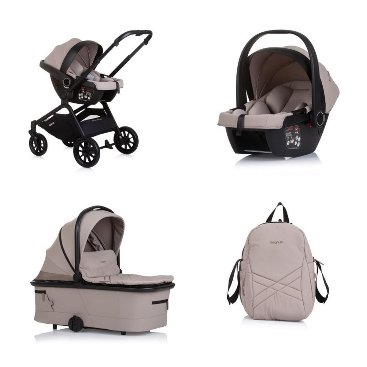 KOMBIKINDERWAGEN Magnum 3 in 1 beige Babywanne Sportsitz i-Size Babyschale - Ecru, Metall (96/59/104cm) - Chipolino