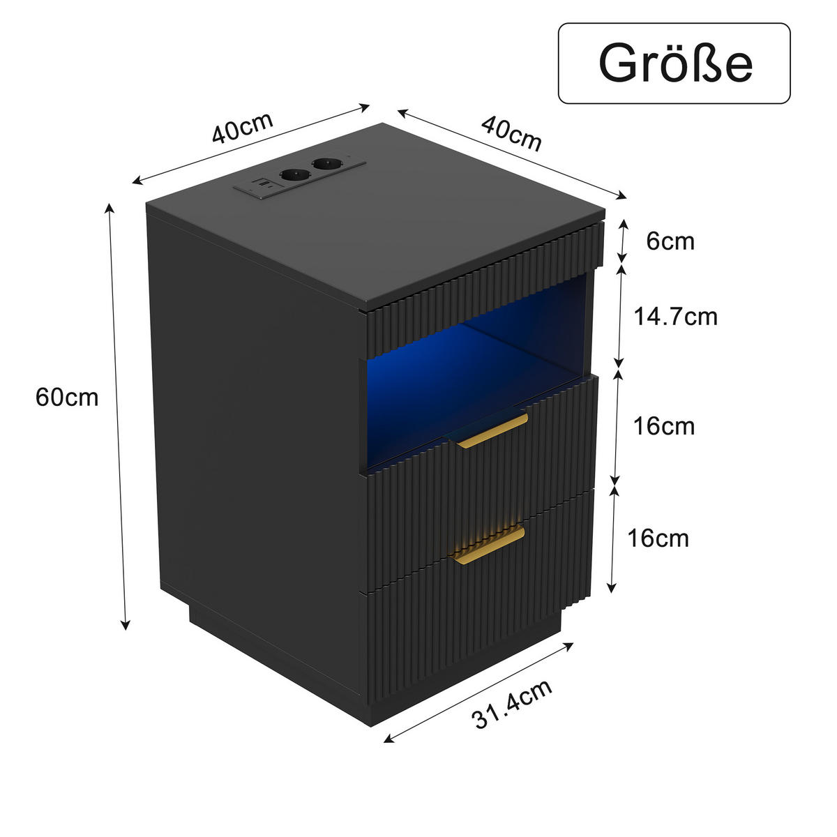 NACHTSHRANK Schwarz mit LED-Beleuchtung, Steckdose, USB & Type-C, Nachttisch mit 2 Schubladen, 40/40/60 cm - Goldfarben/Schwarz, Holz/Metall (40/60/40cm) - BPKADHY