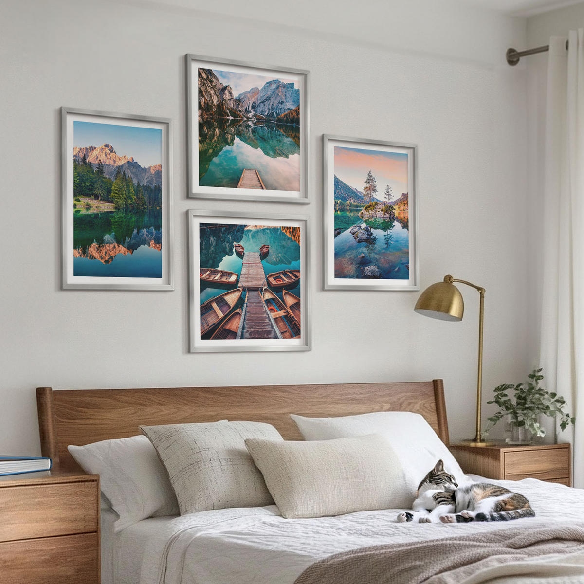 BILDER SET 4er Set - 50x50 cm & 40x60 cm Silberner Rahmen - Spiegelung des Waldes in Bergseen - Silberfarben, Kunststoff (50/50cm) - TULUP