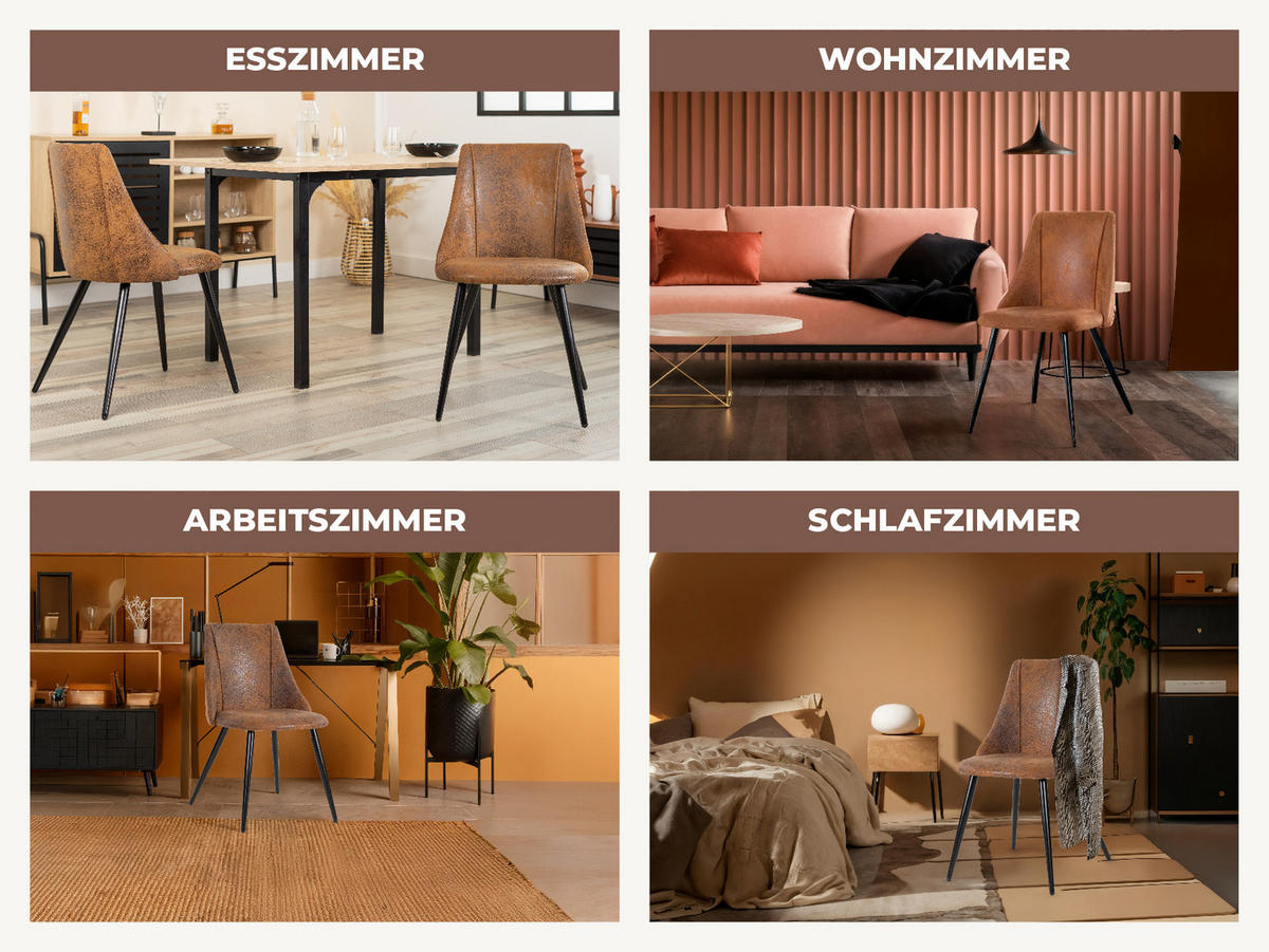 ESSGRUPPE mit 1 ausziehbaren Tisch und 6 Stühlen aus Suede in Braun - Multicolor/Schwarz, Metall (40/86/39cm) - Meubles Cosy