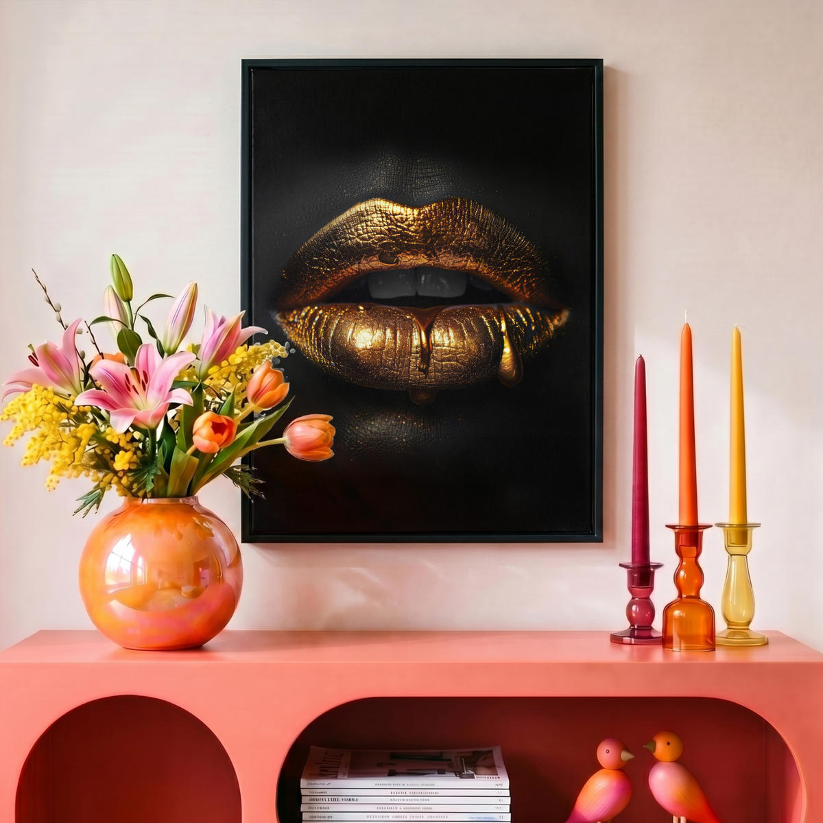 LEINWAND Bilder mit Rahmen - Frau - Porträt - Lippen - Gold - Schwarz - 30x40 - Schwarz, Textil (30/40cm) - MuchoWow