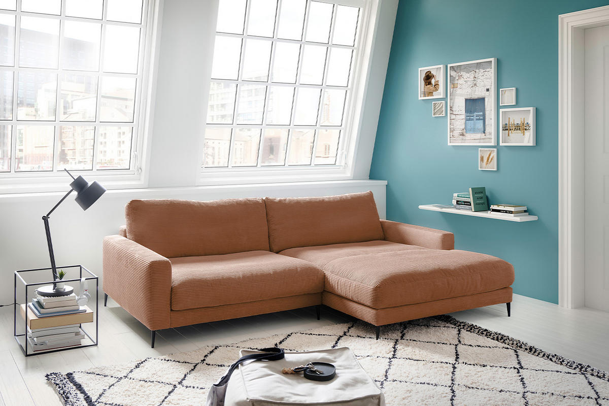 ECKSOFA CARA Braun Cord - Dunkelbraun/Schwarz, Textil/Metall (272/190cm) - KAWOLA