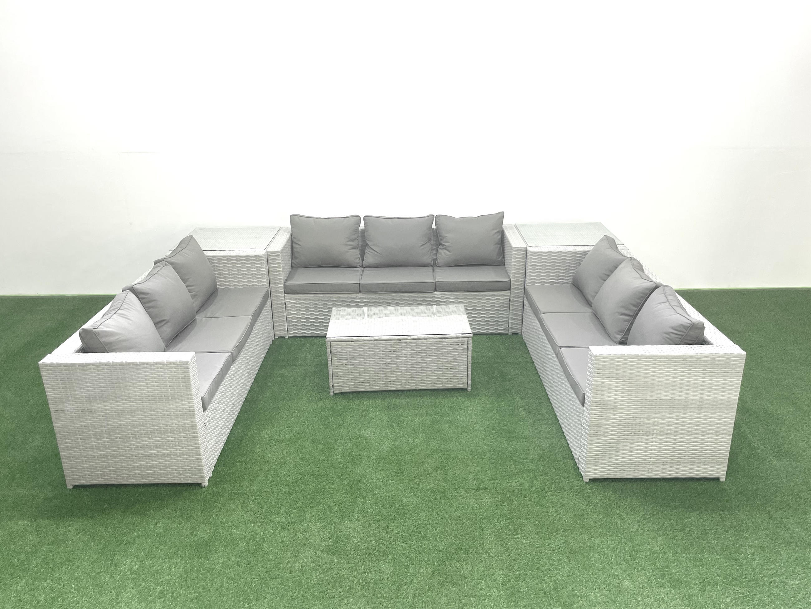 GARTENSET mit 3-SITZER SOFA,COUCHTISCH Polyrattan Hellgrau-Mix 9-Sitzer - Hellgrau/Grau, Glas/Kunststoff - Fimous