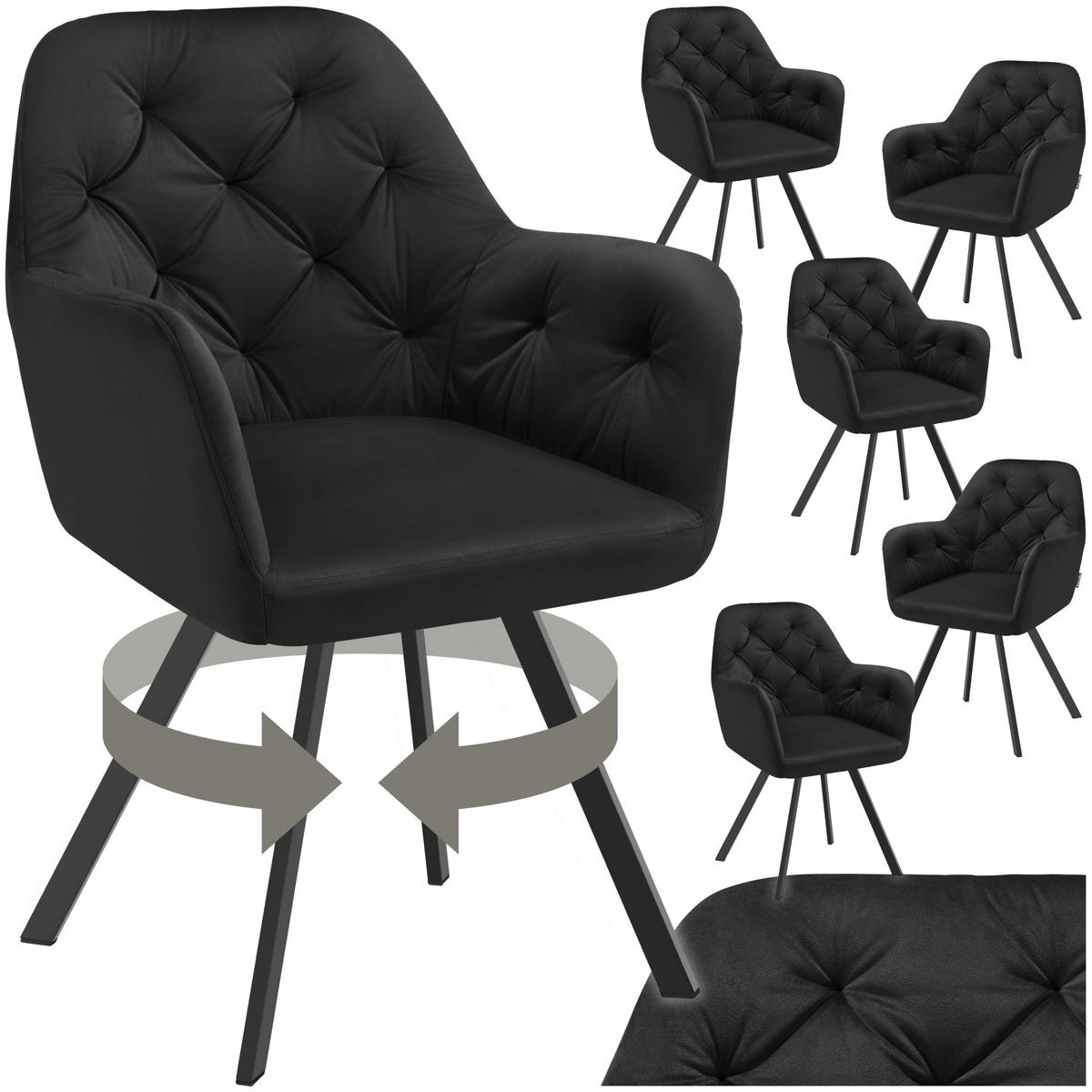 ARMLEHNSTUHL Drehbarer Samt 6er Set Lucia 58 x 58 x 87 cm schwarz - Schwarz, Kunststoff (58/87/58cm) - tectake