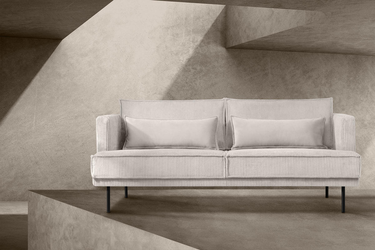 3-SITZER-SOFA GANZO 2 Kissen inklusive, Cord-Stoff, cremefarben - Creme/Schwarz, Textil/Metall (193/84/92cm) - KONSIMO®