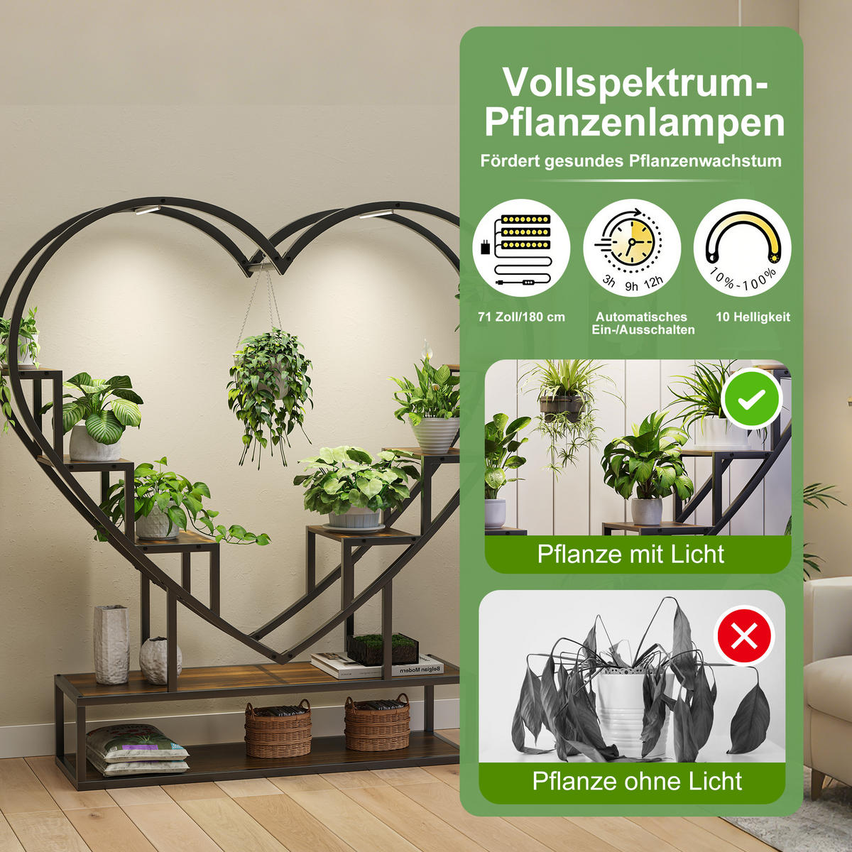 PFLANZENREGAL, Herzform, Wachstumslicht, Haken, Ablage, Tigerholzoptik, braun - Braun, Metall (130/138/26cm) - EuroLiving