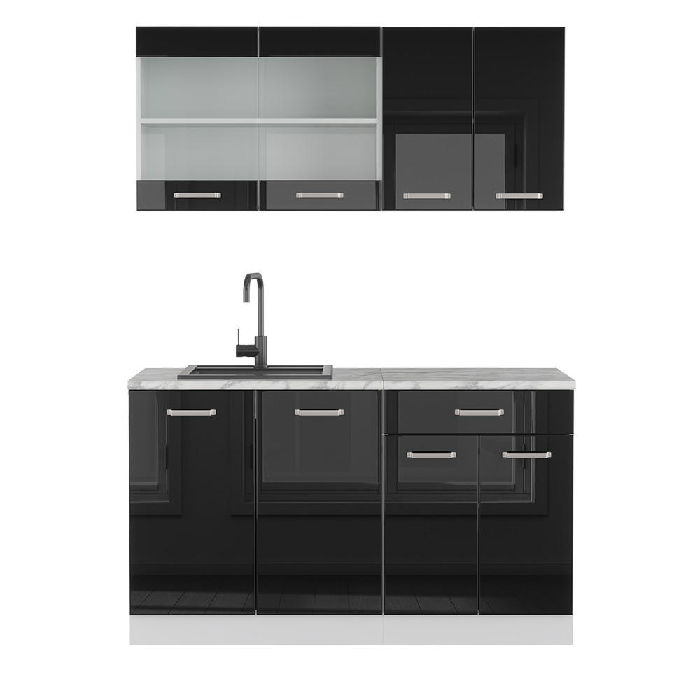 SINGLEKÜCHE R-Line Schwarz Hochglanz 140 cm, AP Marmor - Schwarz Hochglanz/Weiß, Holzwerkstoff (140/81.6/60cm) - Vicco