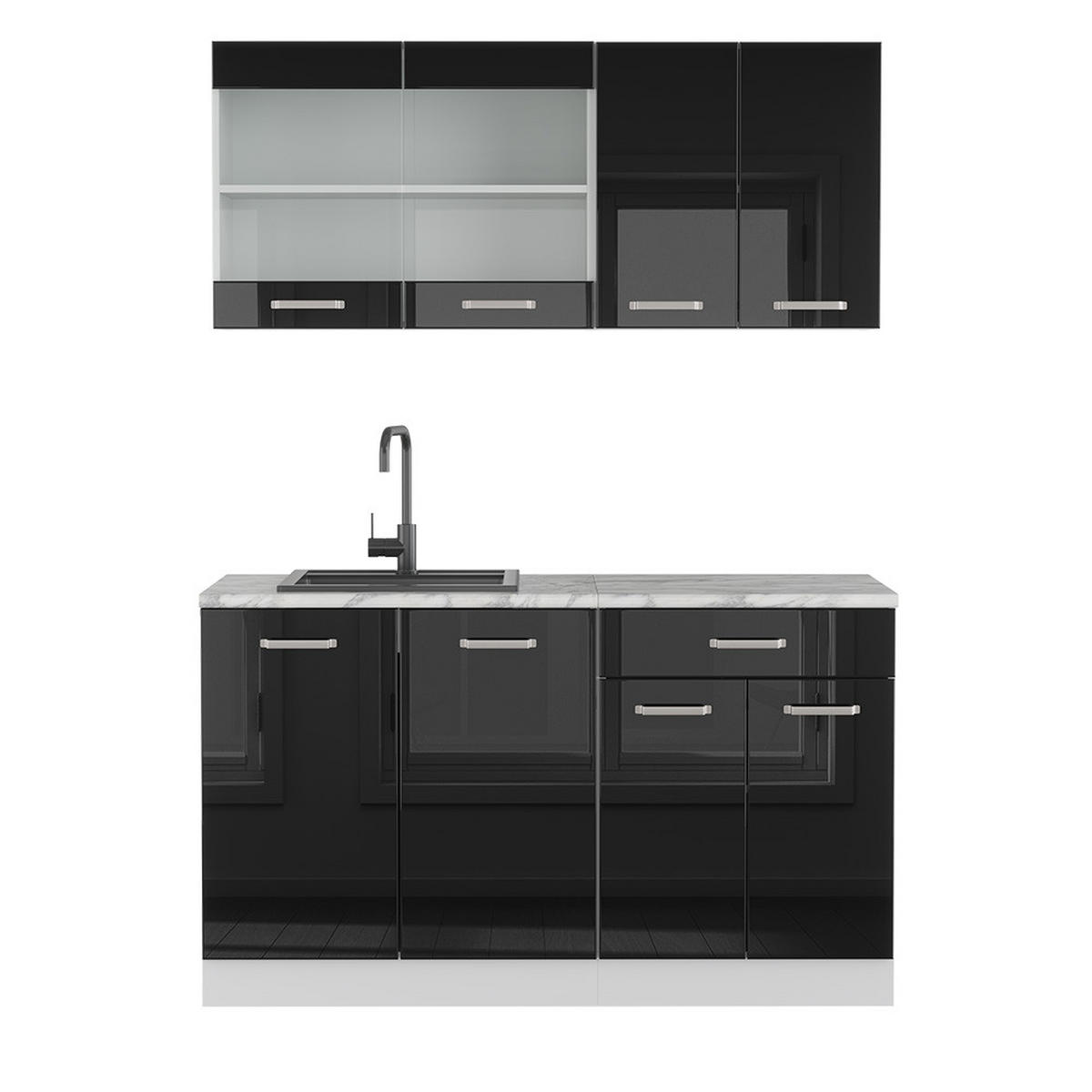 SINGLEKÜCHE R-Line Schwarz Hochglanz 140 cm, AP Marmor - Schwarz Hochglanz/Weiß, Holzwerkstoff (140/81.6/60cm) - Vicco