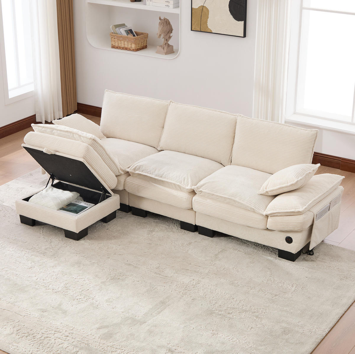 3-SITZER aus Cord 260x132x84 cm in Beige mit USB-C & Seitentaschen - Beige, Textil (132/84/260cm) - Modfu