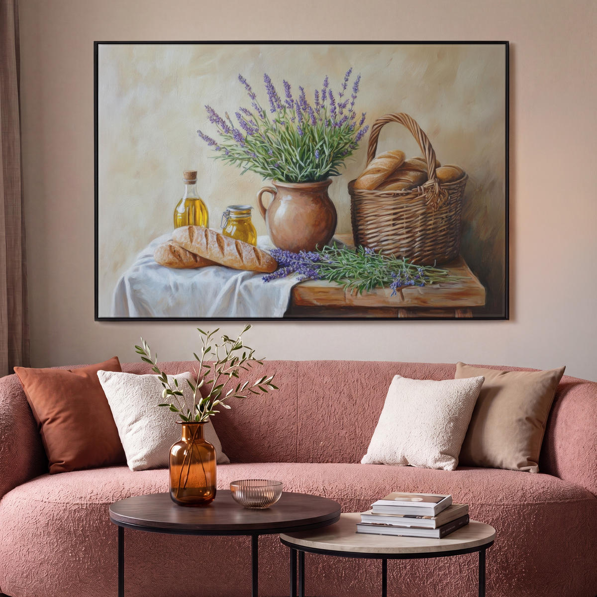 LEINWAND Bilder mit Rahmen - Lavendel - Brot - Stilleben - 120x80 - Flieder, Textil (120/80cm) - MuchoWow