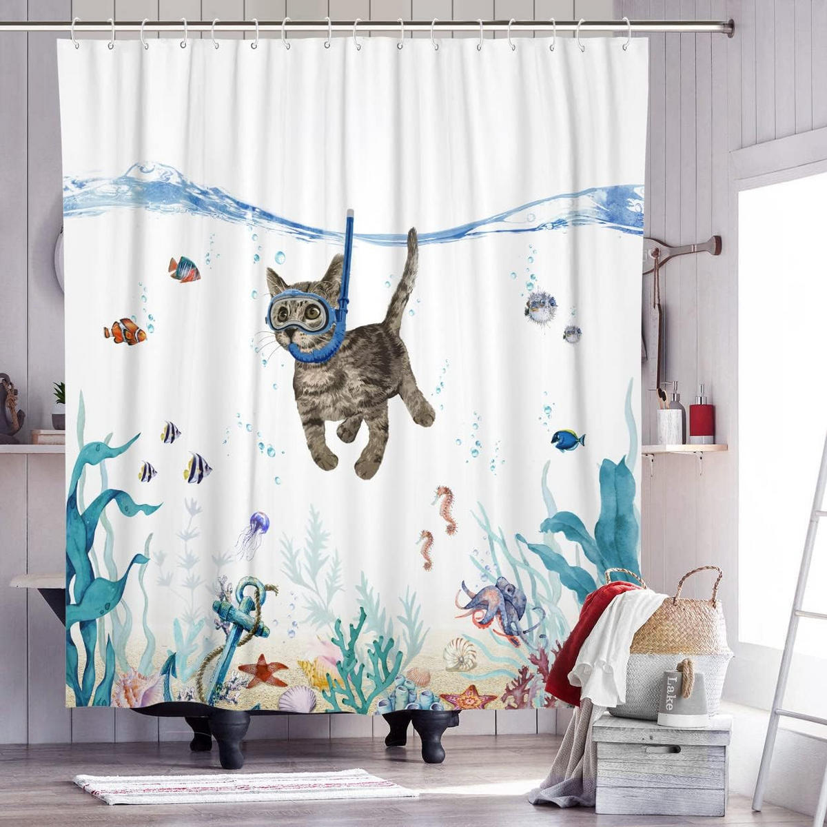 DUSCHVORHANG Blau Petrol Katze Meer Ozean wasserdicht fürs Badezimmer - Multicolor, Textil (180/180cm) - MCBOSON