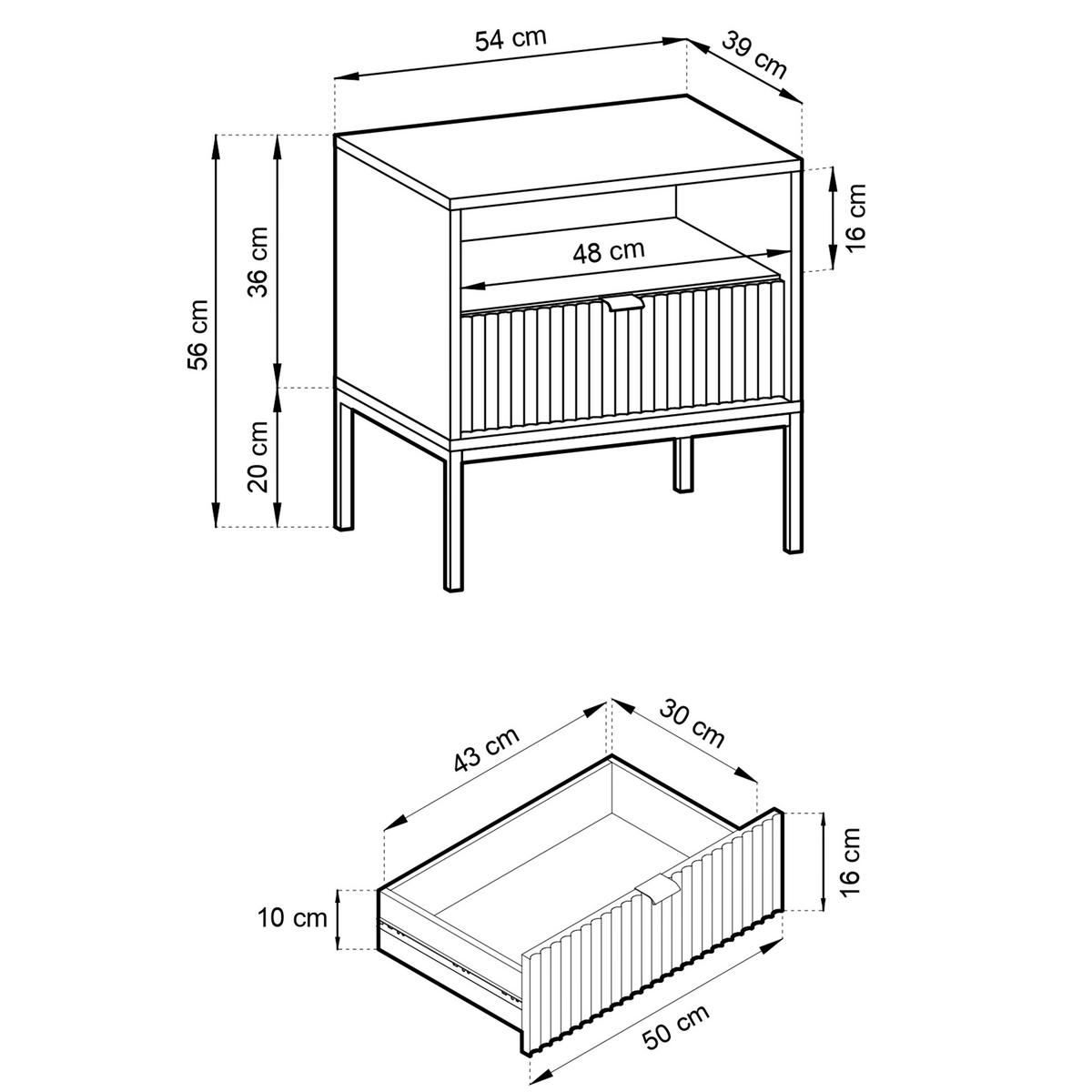 NOVA Nachttisch Vicenza Eiche geriffelt Nachtschrank Metallgestell schwarz 54 cm breit - Braun, Holzwerkstoff (54/56/39cm) - Bettso