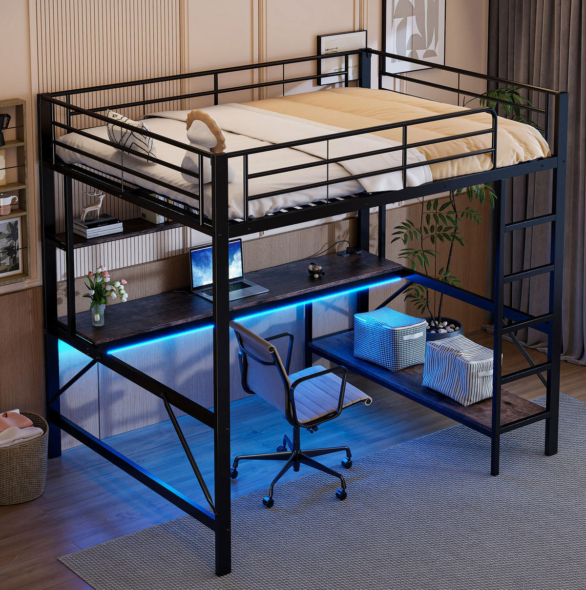 HOCHBETT 140/200 cm Schwarz aus Metall mit Schreibtisch - Schwarz, Metall (140/200cm) - OKMYHOME