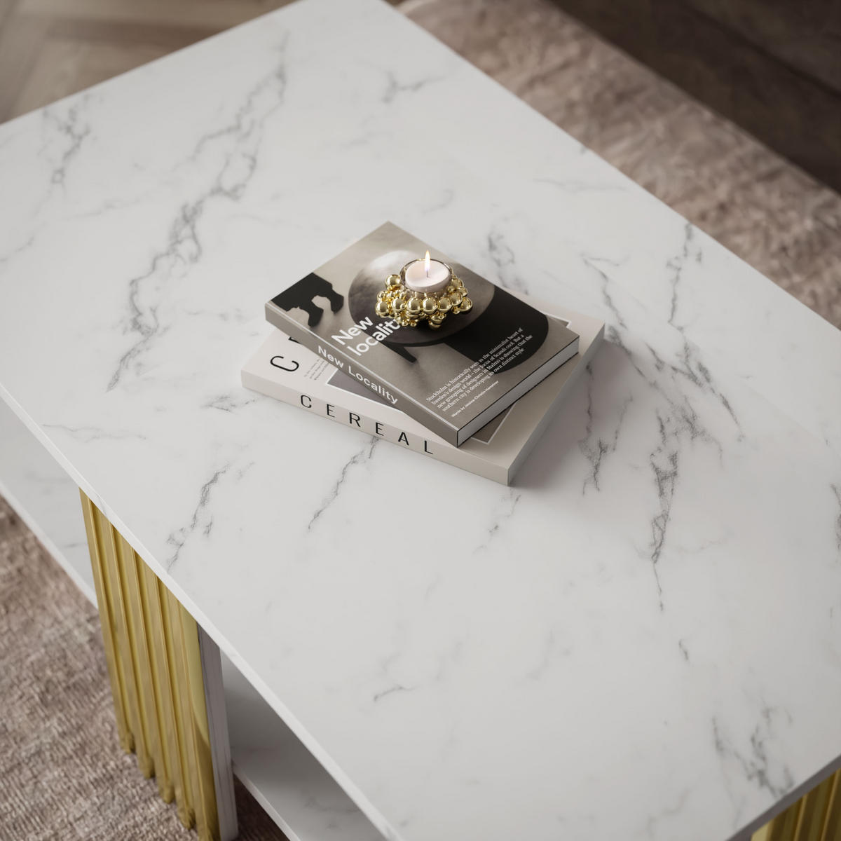 COUCHTISCH SAPHIRA GOLD mit Ablageboden, Weißer Marmor - Weiß, Holzwerkstoff (60/100/40cm) - Lookway