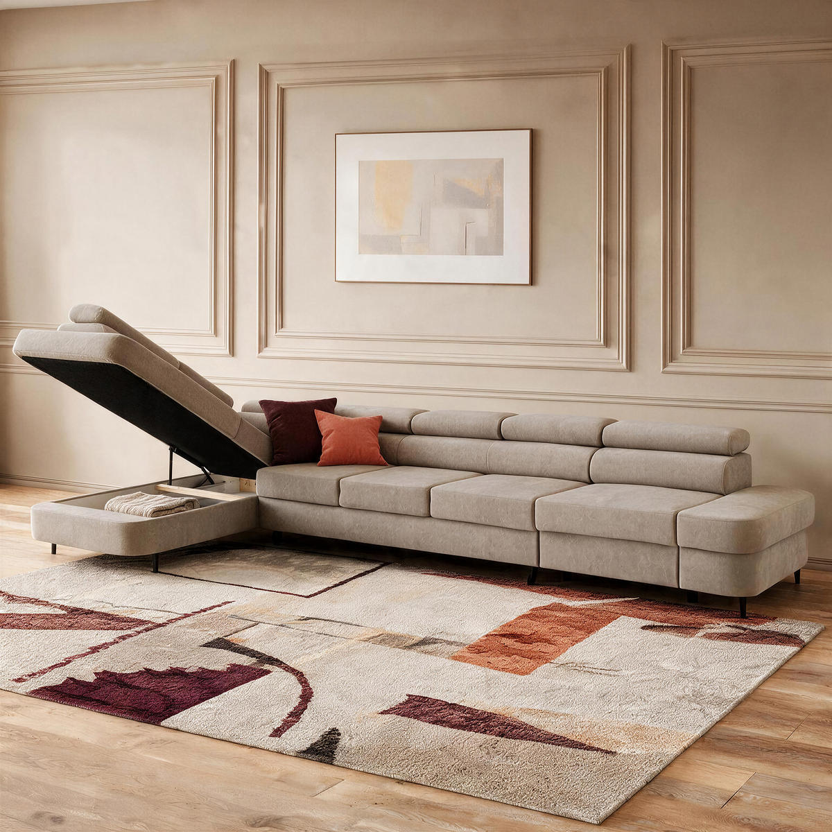 ECKSOFA PRIAM XXL L-Form Links mit Schlaffunktion 125x265 Velours Creme - Creme/Schwarz, Holz/Textil (203/420cm) - Muffo