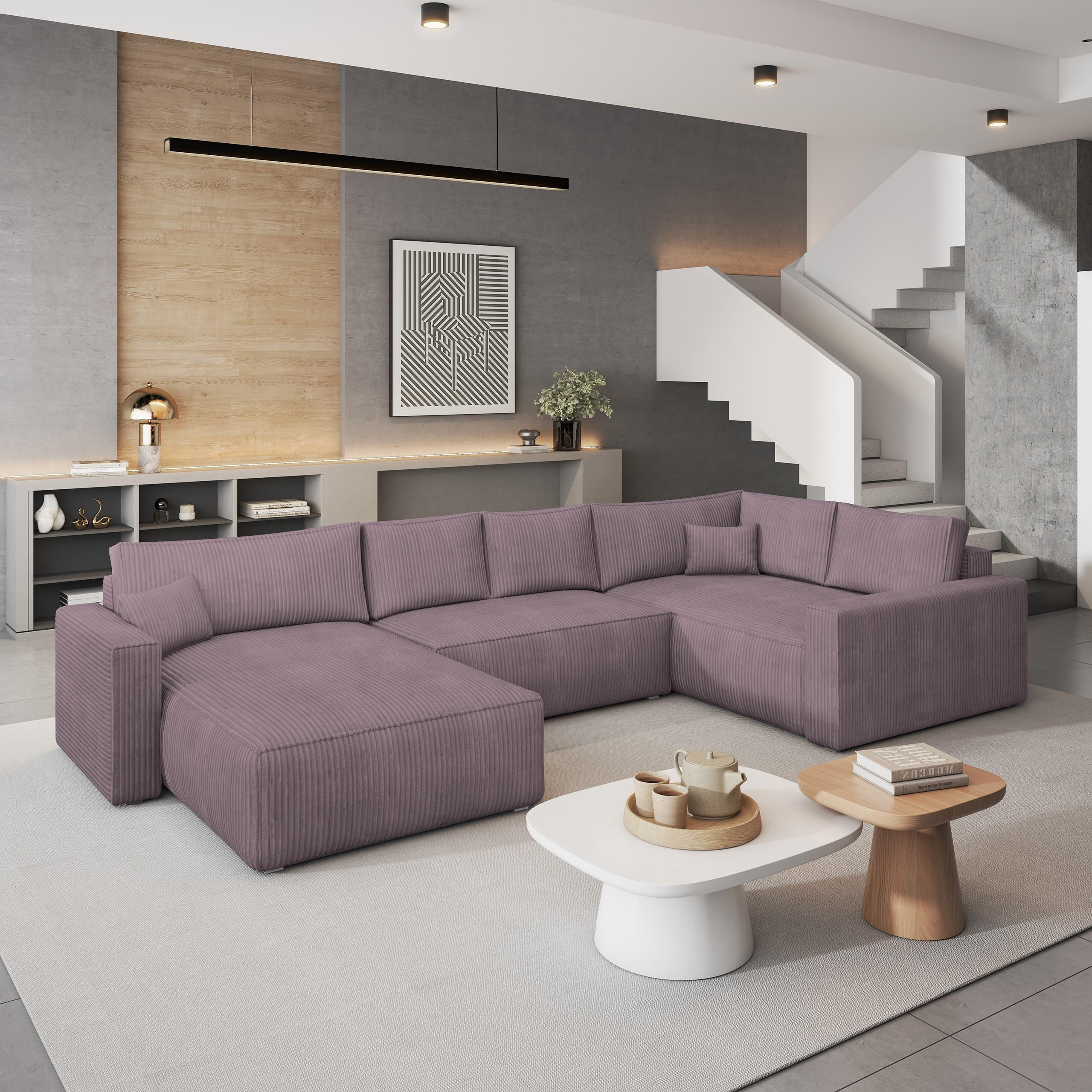 WOHNLANDSCHAFT VELAMI R-S Lila Kordstoff mit Schlaffunktion - Lila, Holz (365/83/194cm) - MASSENO