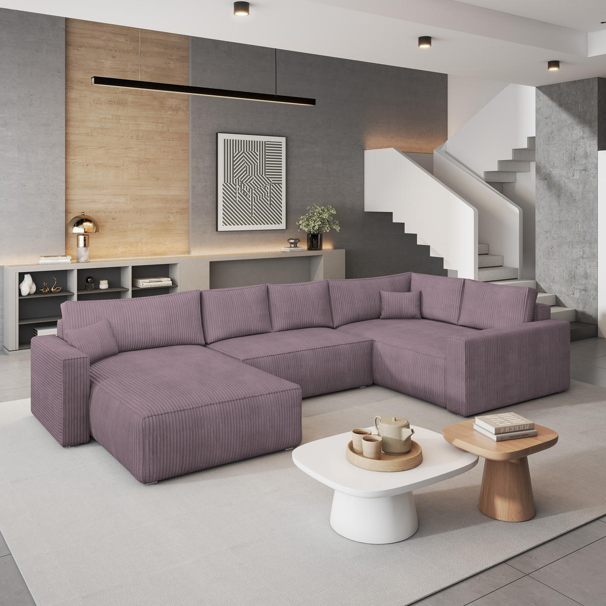 WOHNLANDSCHAFT VELAMI R-S Lila Kordstoff mit Schlaffunktion - Lila, Holz (365/83/194cm) - MASSENO
