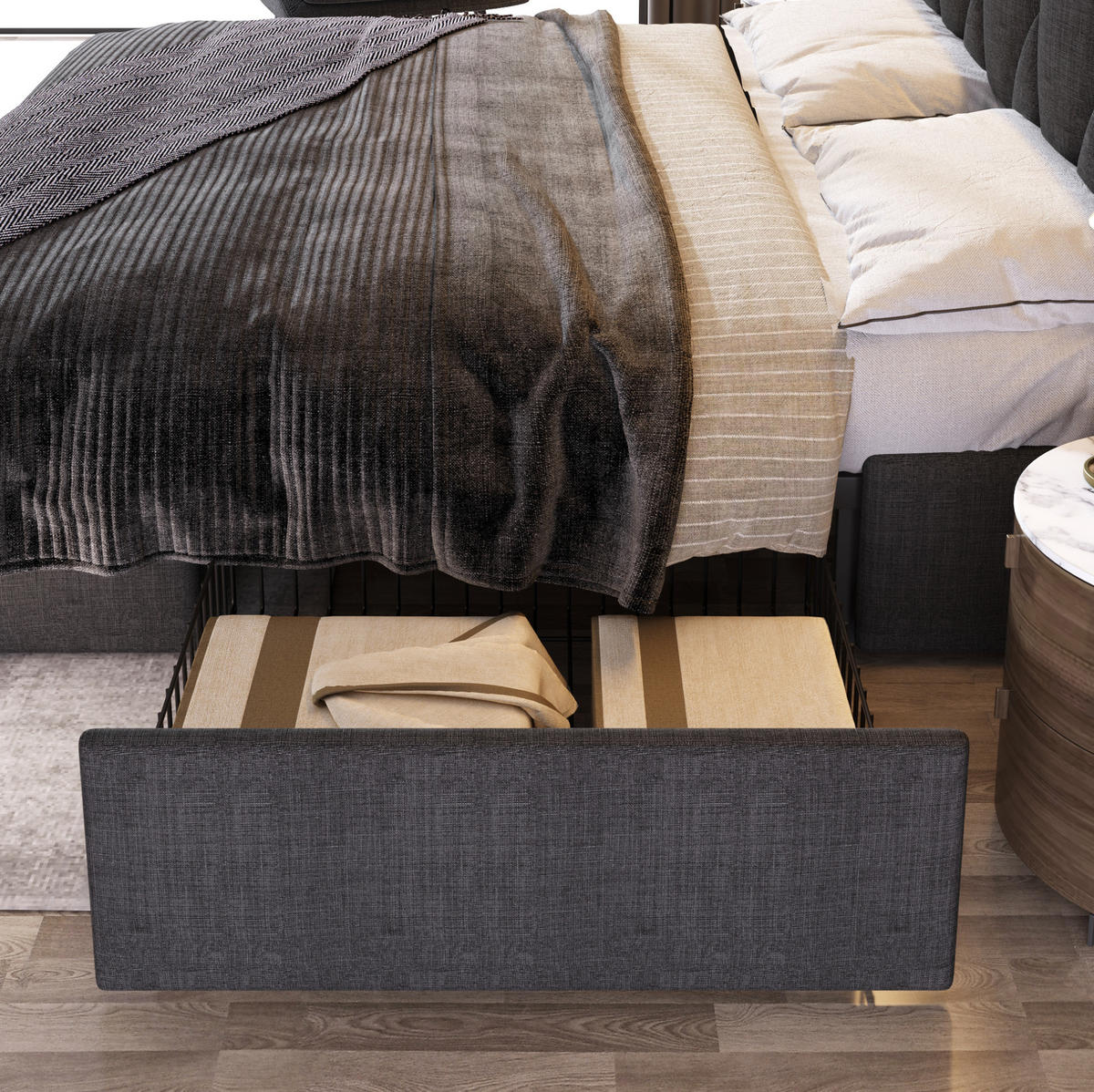 POLSTERBETT 140/200 cm mit 4 Schubladen und USB/Steckdosen, Grau - Grau, Textil (140/200cm) - BEAOK