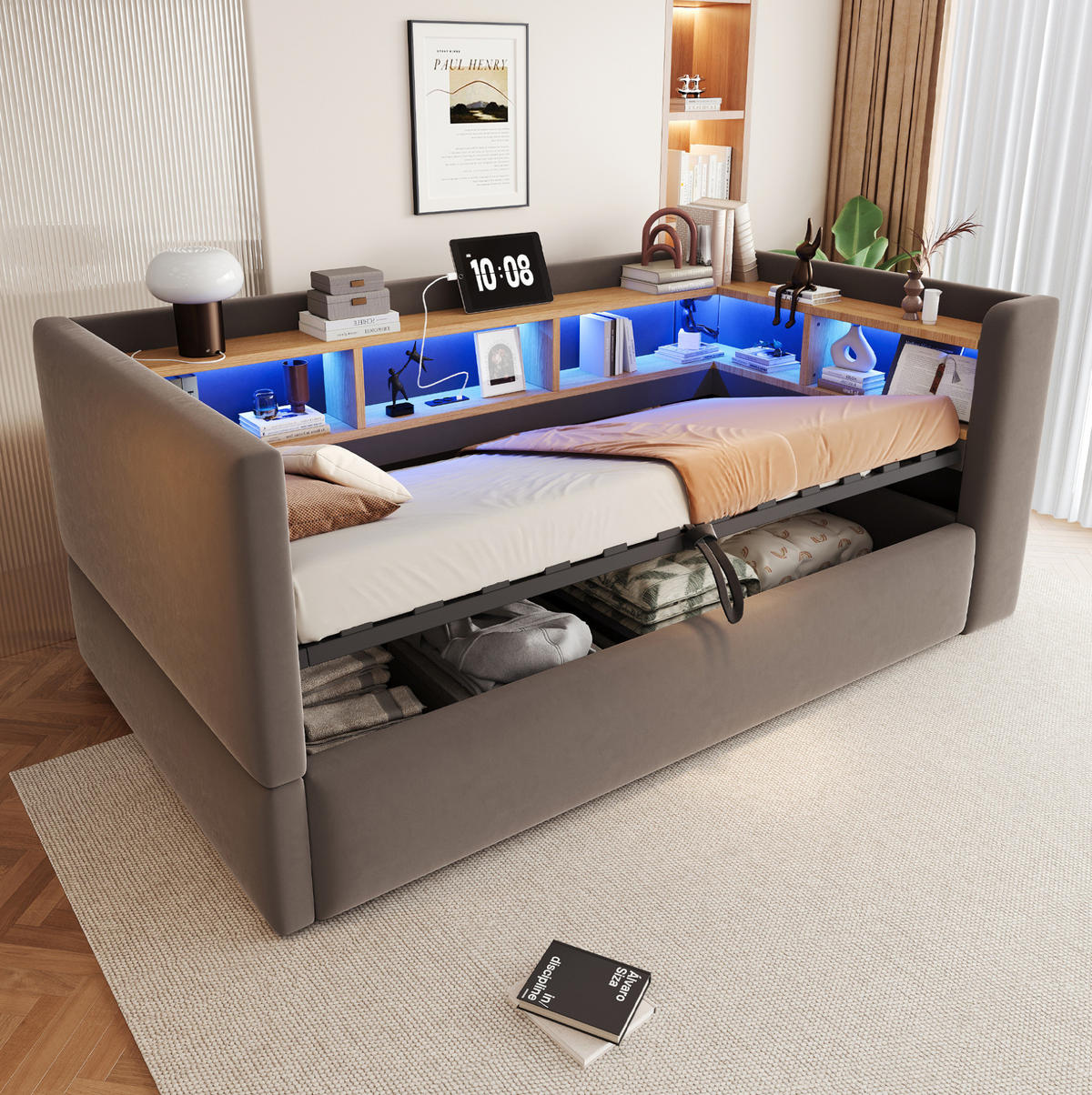 POLSTERBETT 90/190 cm aus Flanell mit LED/Steckdosen und Stauraum, Dunkelgrau - Dunkelgrau, Textil (90/190cm) - OKMYHOME