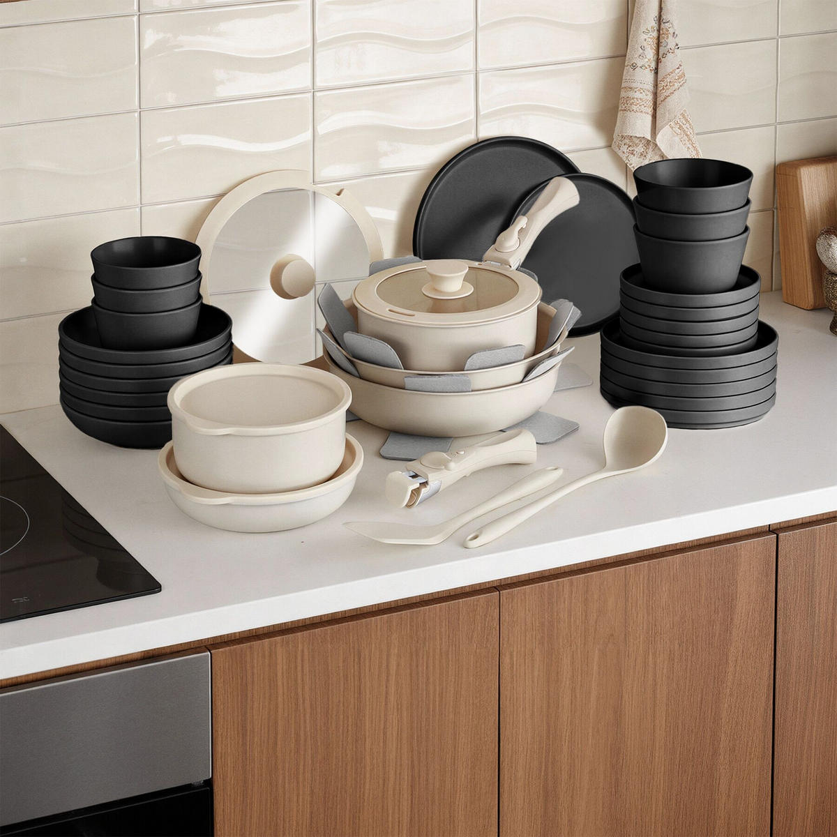 KÜCHENSTARTERSET 40er SetUna/Genua, inklusive Küchenwerkzeugen, Topfschonern und anklemmbaren Griffen, schwarz/weiß - Schwarz/Weiß, Keramik - tectake
