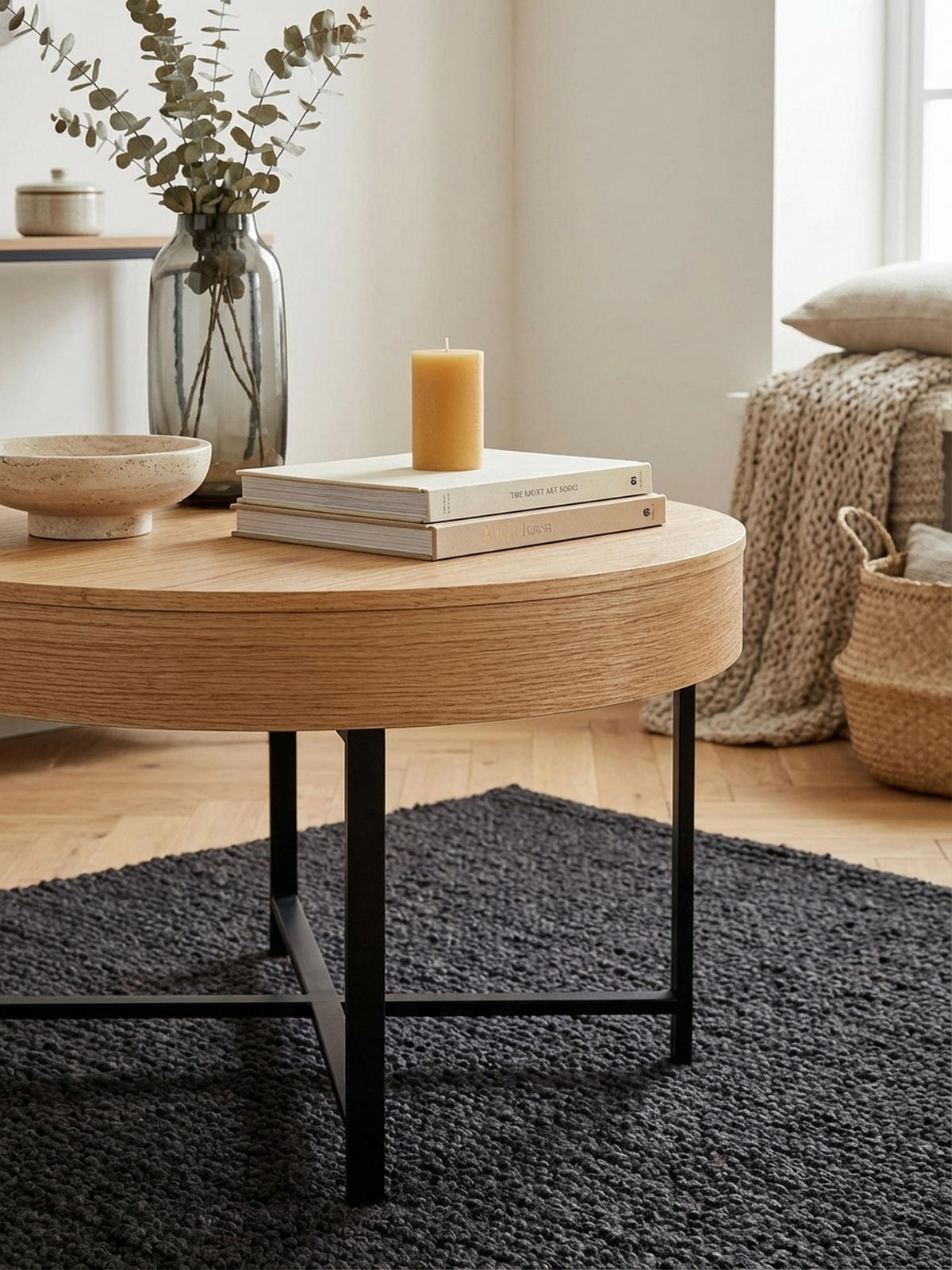 COUCHTISCH in Holzoptik mit Metallbeinen, Rund, Stauraumfunktion, Maße 69x49x69 cm - Schwarz/Braun, Holz/Metall (69/69/49cm) - KADIMA DESIGN