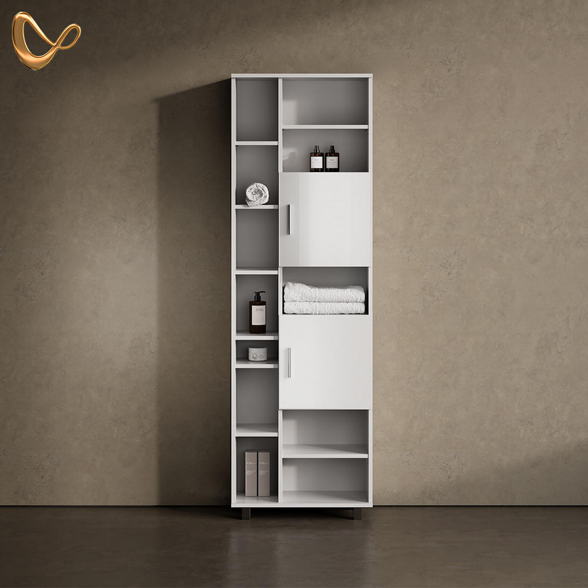 BADSCHRANK Eisak Weiß Hochglanz 60 x 190 cm - Weiß Hochglanz/Weiß, Holzwerkstoff (60/190/30cm) - Livinity®