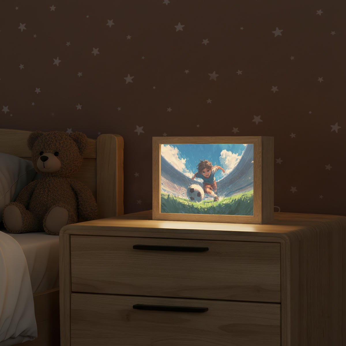 NACHTTISCHLAMPE Stadion - Fußballer - Ball 20x15 cm - Blau, Holzwerkstoff (8/20/15cm)